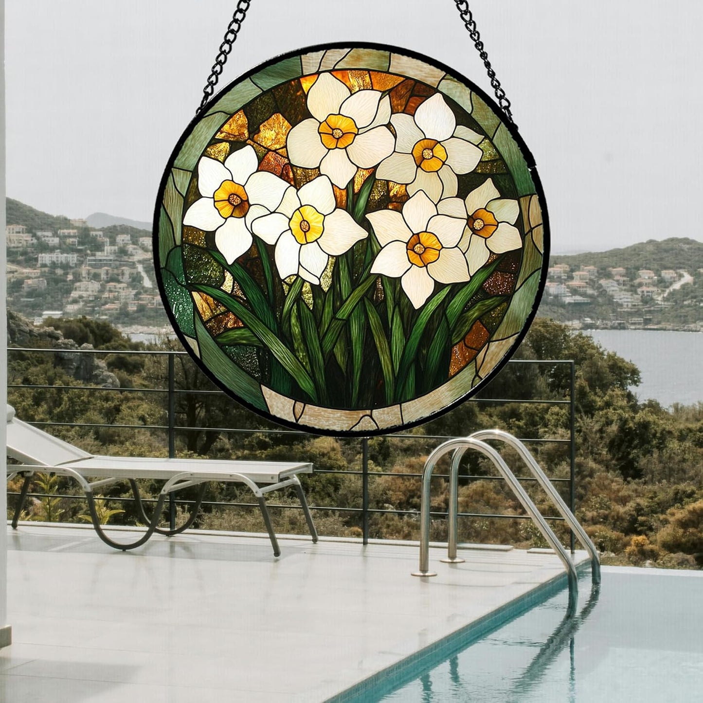 Stained Glass Window Hanging, White Lily Suncatcher for Door Garden Patio Birth Flower Green Plant Sun Catchers Decor Christmas Mother's Day Birthday Gifts for Women Mom Nana Friend 11.8 in