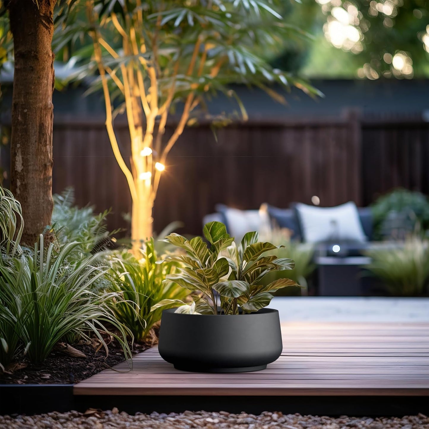 Kante 16.1" Dia Round Curvy Concrete Planter, Large Plant Pots with Drainage Hole and Rubber Plug for Indoor Outdoor Plants, Flower Pot for Home Garden Patio Porch, Black