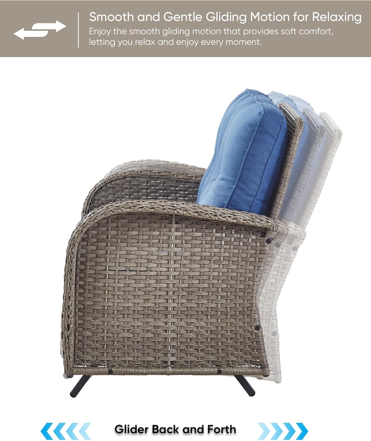 HUMMUH 6 Pieces Patio Furniture Set-Patio Glider Loveseat with Rattan Outdoor Swivel Chairs Outdoor Conversation Furniture Sets for Deck Lawn Porch Balcony Poolside-Grey/Blue