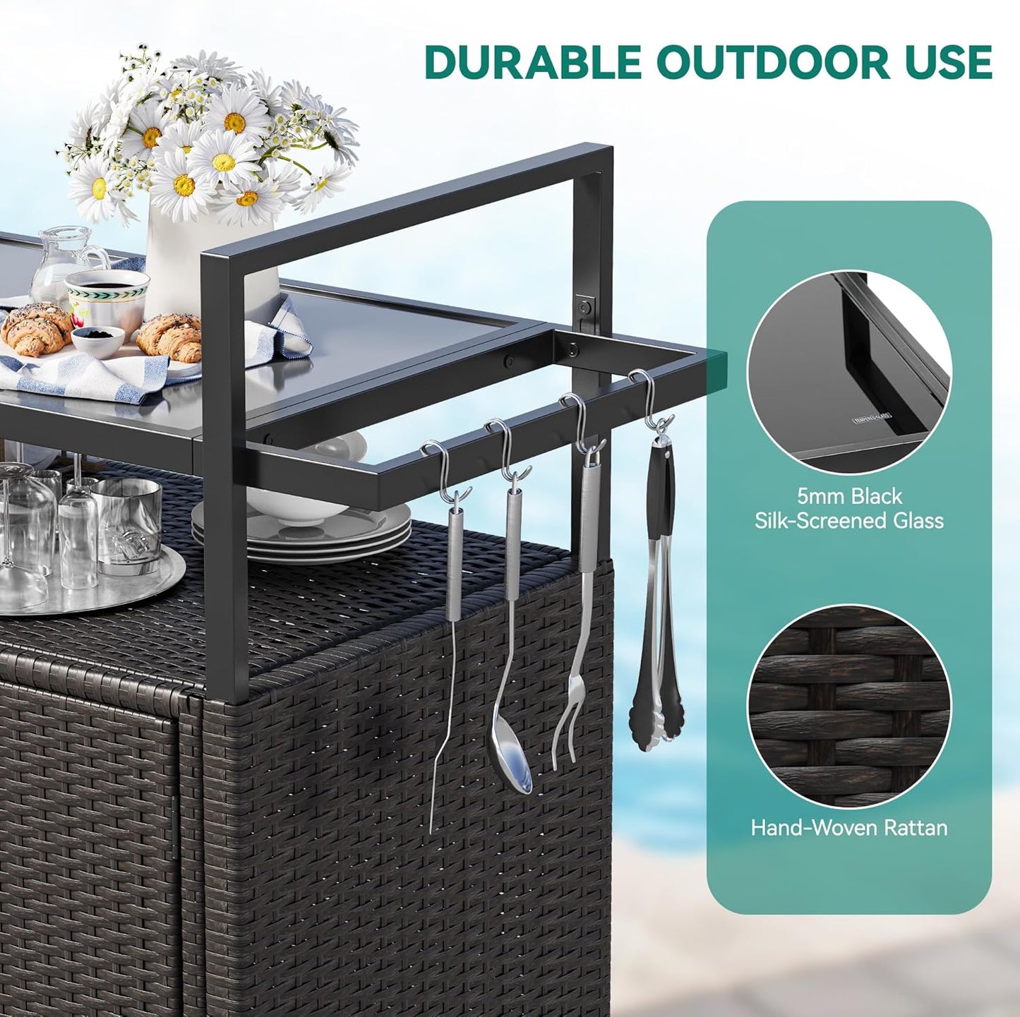 YITAHOME Large Outdoor Kitchen Wicker Island Rolling Cart, Patio Bar Table with Thickened Frame, Patio Storage Cabinet w/Wheels and Black Glass Table Top Backyard and Poolside Dark Brown