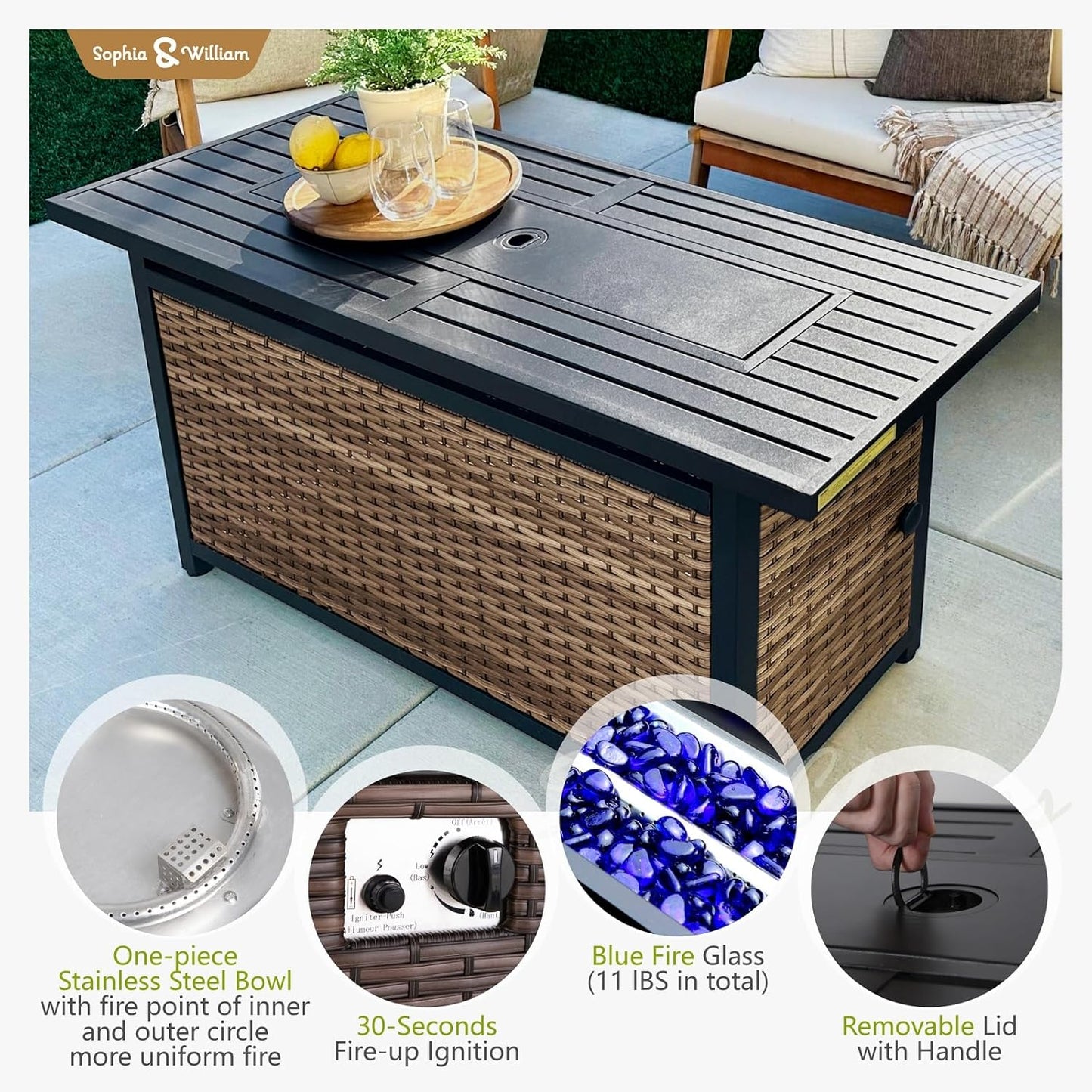 Sophia & William Patio Furniture Set with Fire Pit Table, 11 Piece Half Moon Outdoor Wicker Sectional Sofa Set, Rattan Conversation Set with 56-Inch Fire Pit Table & Ottoman (Beige)