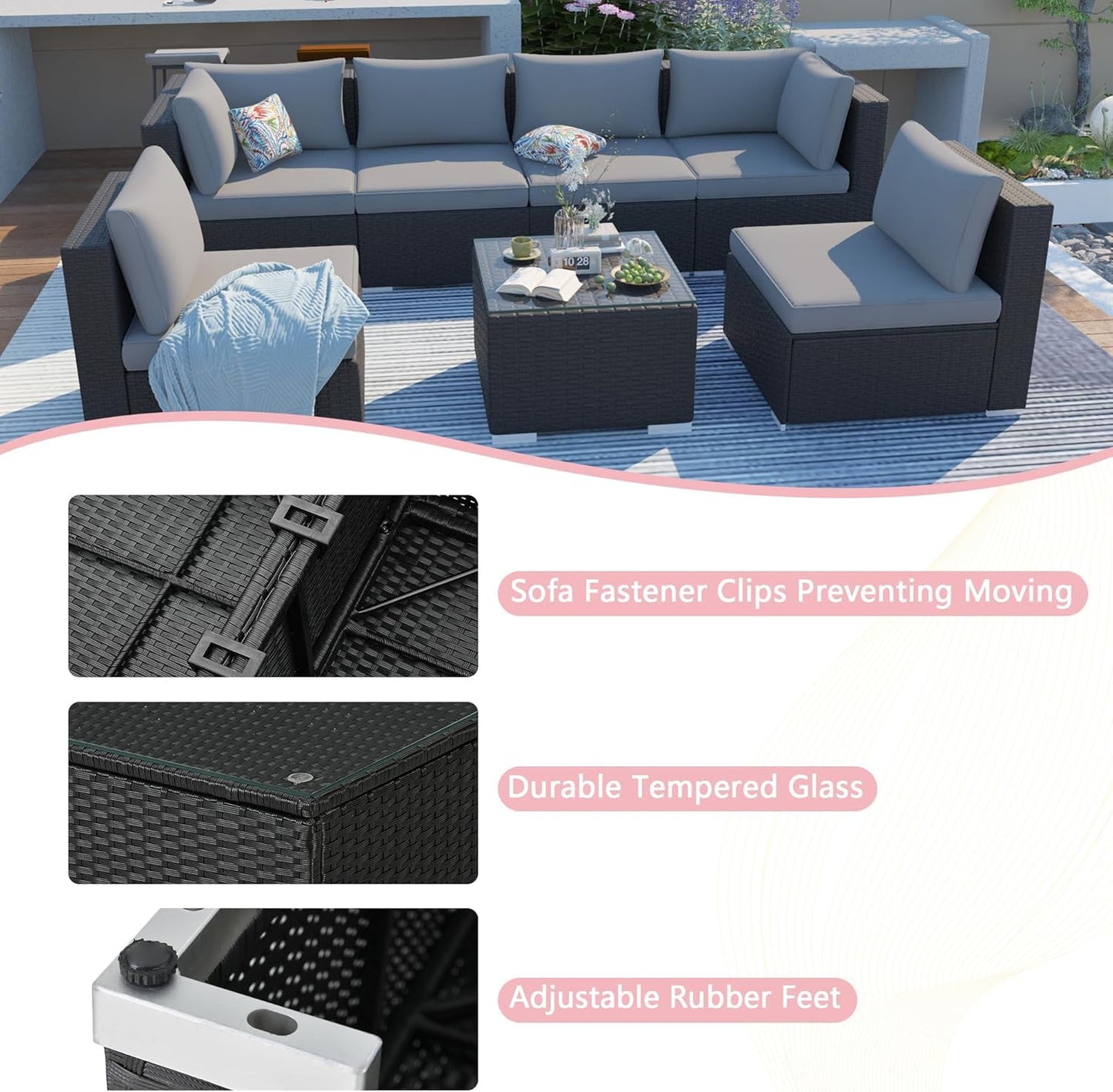7-Piece Patio Furniture Set - Outdoor Sectional Sofa Set with Cushions and Glass-Top Coffee Table for Gardens, Poolside, Backyards and Porches, Black/Grey