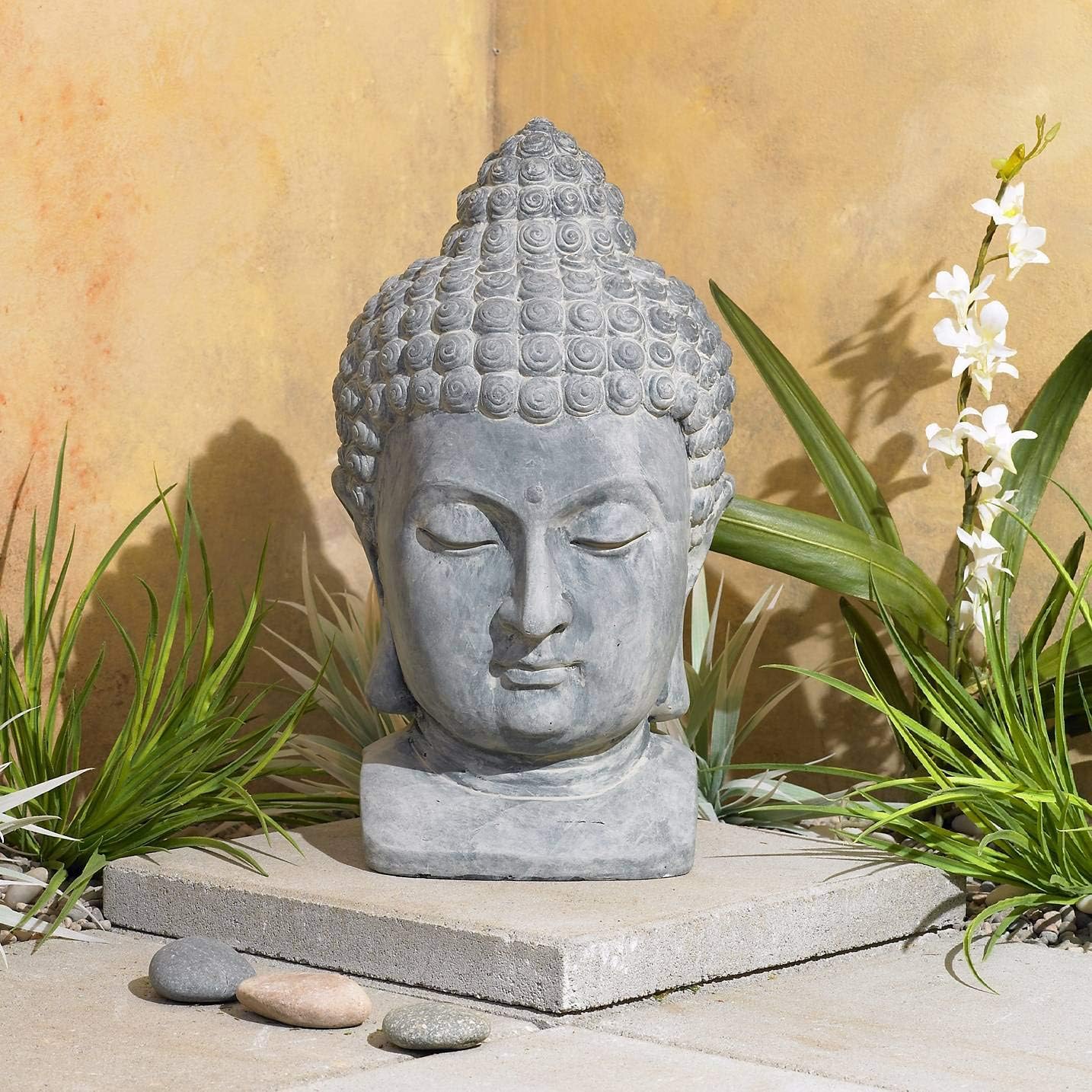 John Timberland Meditating Buddha Head Statue Sculpture Zen Asian Japanese Garden Decor Outdoor Front Porch Patio Yard Outside Home Balcony Gray Weathered Faux Stone Finish Resin 18 1/2" Tall