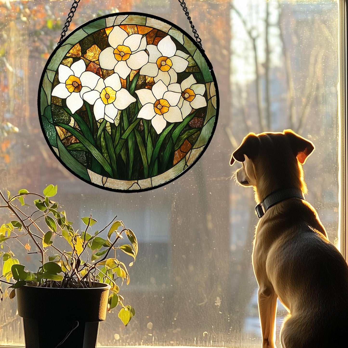 Stained Glass Window Hanging, White Lily Suncatcher for Door Garden Patio Birth Flower Green Plant Sun Catchers Decor Christmas Mother's Day Birthday Gifts for Women Mom Nana Friend 11.8 in