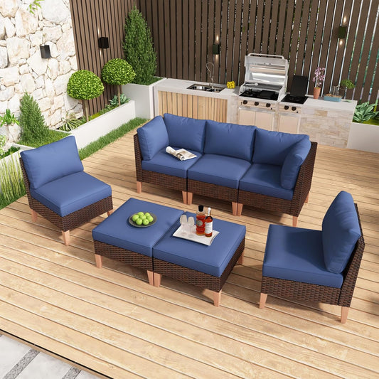 HUMMUH 7 Pieces Patio Furniture Set,Outdoor Modular Sectional Couch Chairs with Ottomans,All Weather PE Wicker Patio Conversation Sets for Garden Porch Backyard