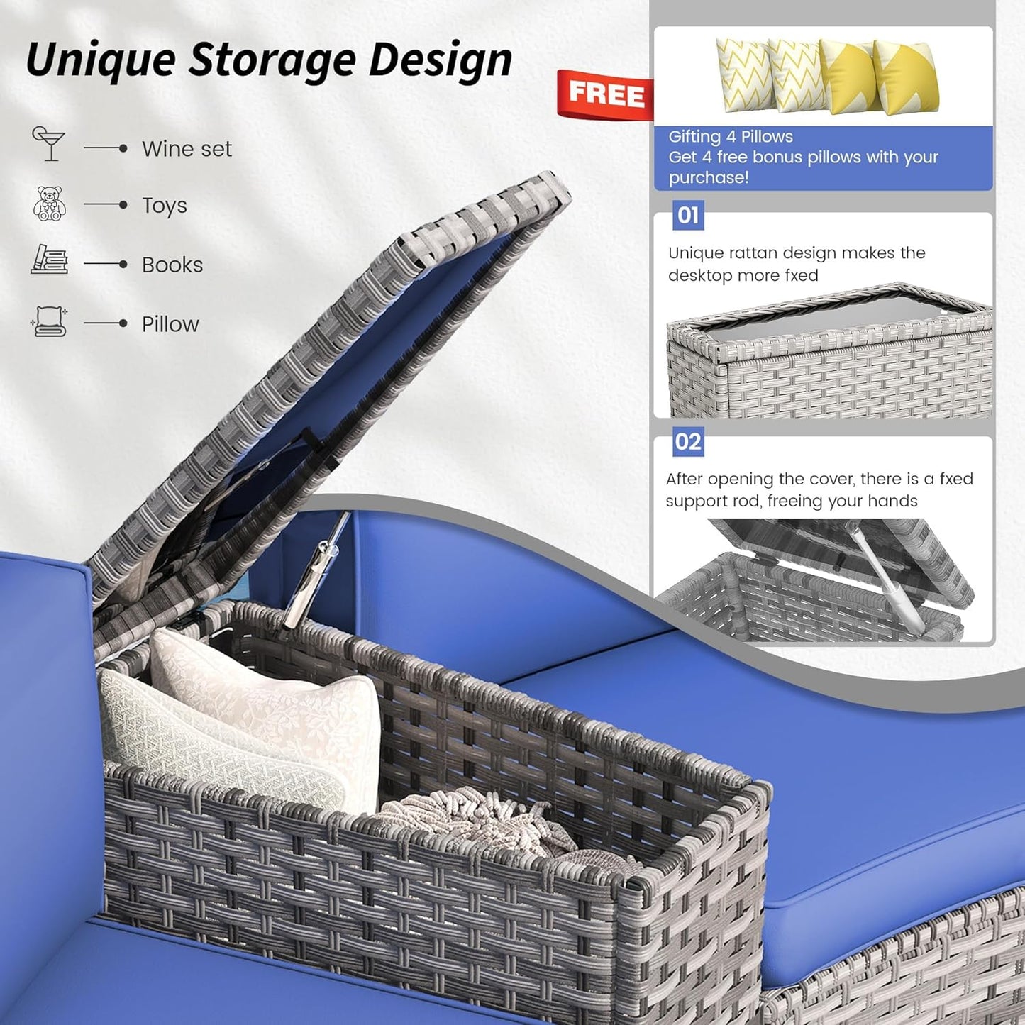 Patio Sectional Furniture Outdoor 11-Piece Grey Rattan Curved Sofa Set with Storage Table, Pillows, Fit for Pool Backyard Balcony Porch Lawn (Navy)