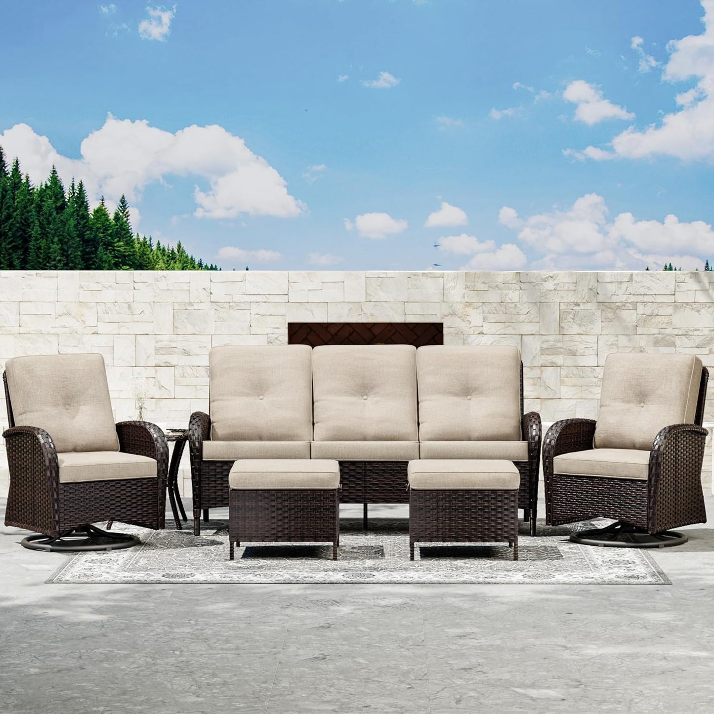 Joyside 6 Piece Patio Furniture Set, Outdoor Wicker Conversation Sets with Swivel Rocker Chairs and Sofa, Thick Cushion, Rattan Patio Sectional for Porch, Deck Use (Brown/Beige, 6 PCS)