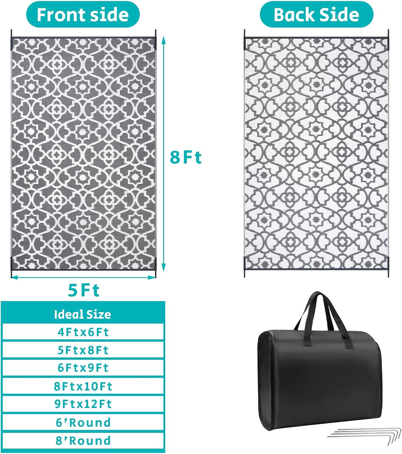 HEBE Outdoor Rug Waterproof 5x8, Plastic Straw Rug Camping Rug, Reversible Outdoor Patio Rugs RV Mat Clearance, Indoor Outside Floor Carpet for Porch,Deck,Camper,Balcony,Backyard