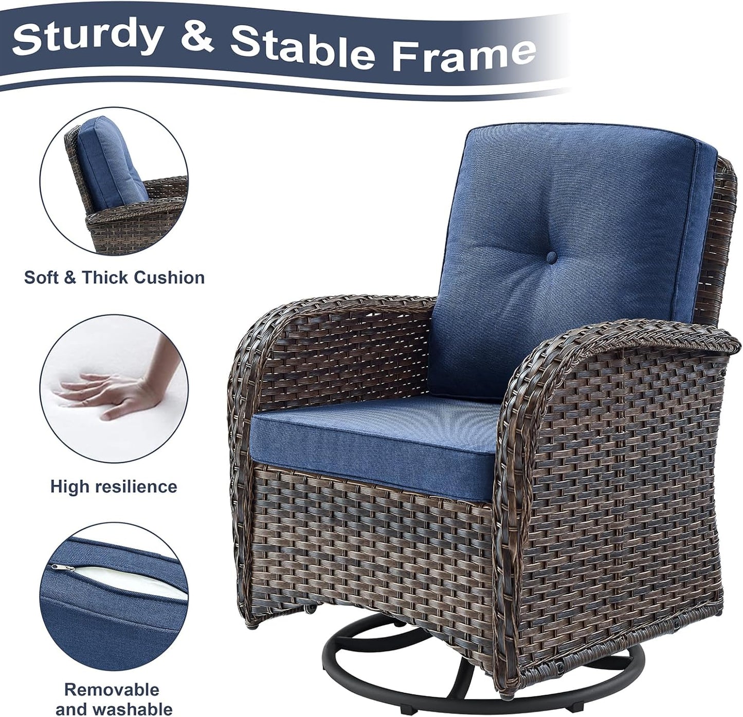 HUMMUH 7 Piece Patio Furniture Set with Fire Pit Table,Wicker Patio Swivel Rocker Outdoor Chairs 3-Seat Sofa for Porch,Poolside,Deck