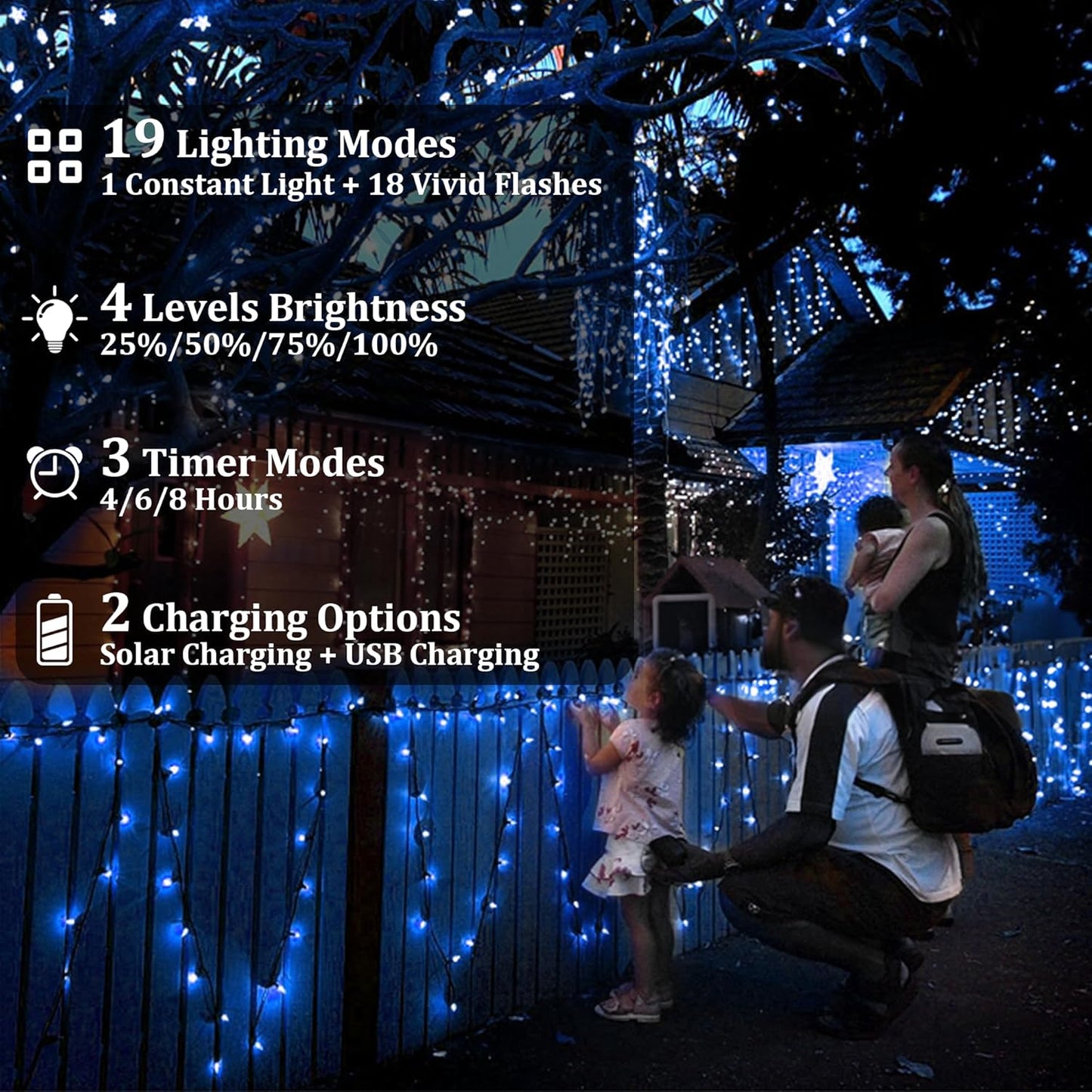 2-Pack 200FT Solar String Lights for Outside, 600 LED Extra-Bright Solar Light Outdoor with 19 Modes & Timer, Waterproof Fairy Solar Lights for Garden Patio Tree Christmas Decorations (Blue), 2021B