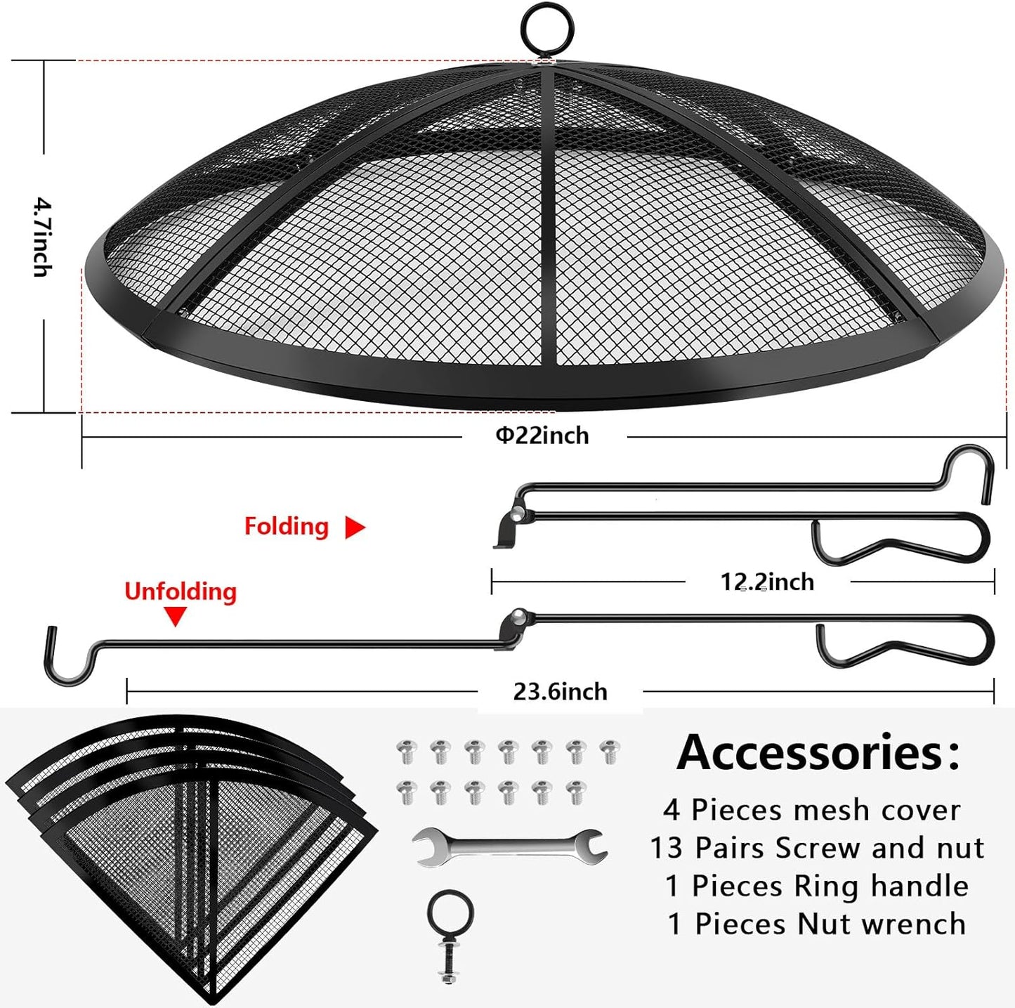 Fire Pit Spark Screen, Fire Pit Screen 22 Inch Round with Handle & Poker, Collapsible Heavy Duty Mesh Fire Pit Cover Fire Pit Lid for Outdoor/Patio/Backyard/RV Camping/Beach