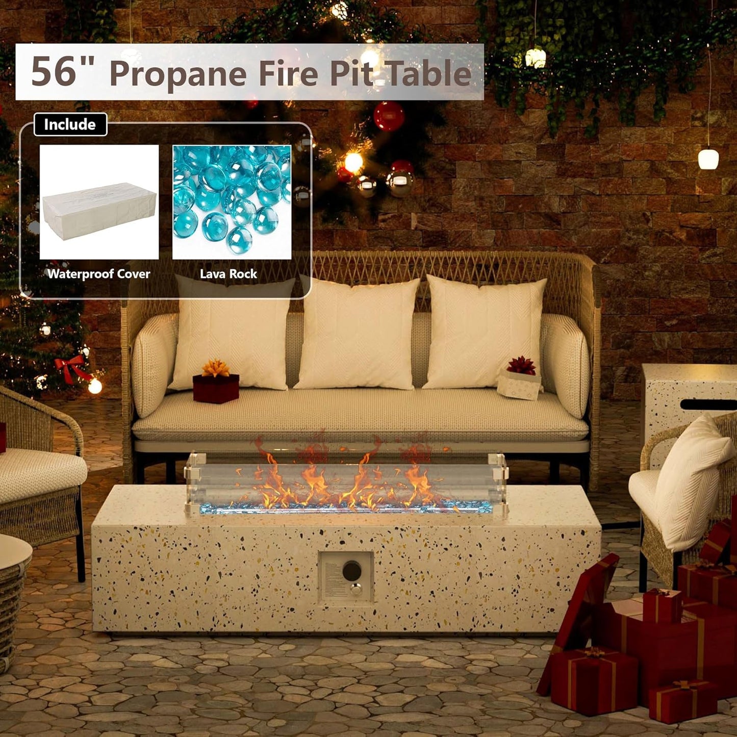 8 Piece Patio Furniture Set - Outdoor Conversation Sets with 56" Fire Table and Coffee Table, Rattan Modular Sofa Set for Garden/Poolside, Beige/Brown