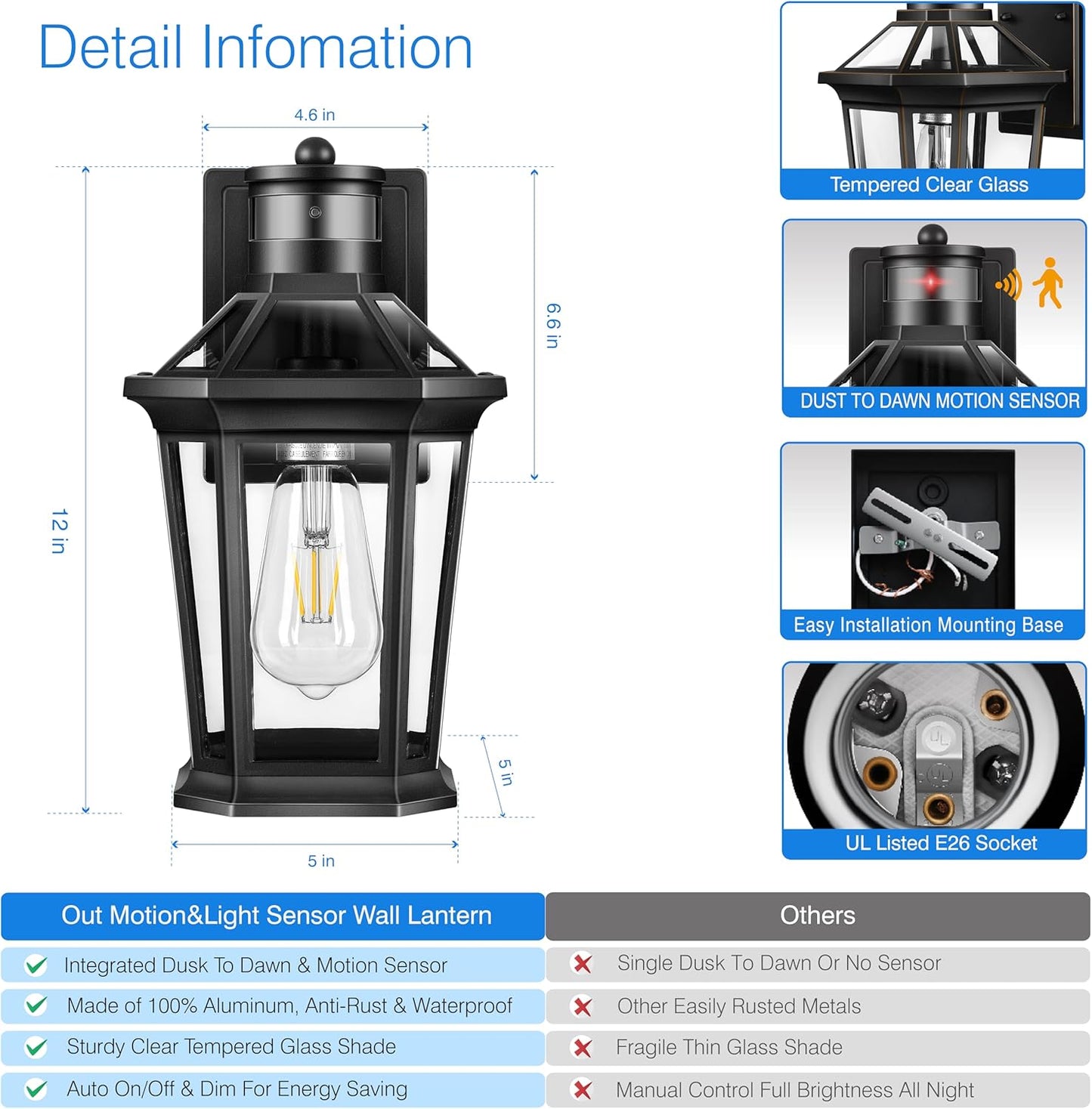 VIANIS Motion Sensor Outdoor Lighting, Outdoor Wall Lights Wall Mount with Clear Glass, Black Dusk to Dawn Garage Light Sconce, Waterproof Exterior Lights for House, Brightness Distance Adjustable