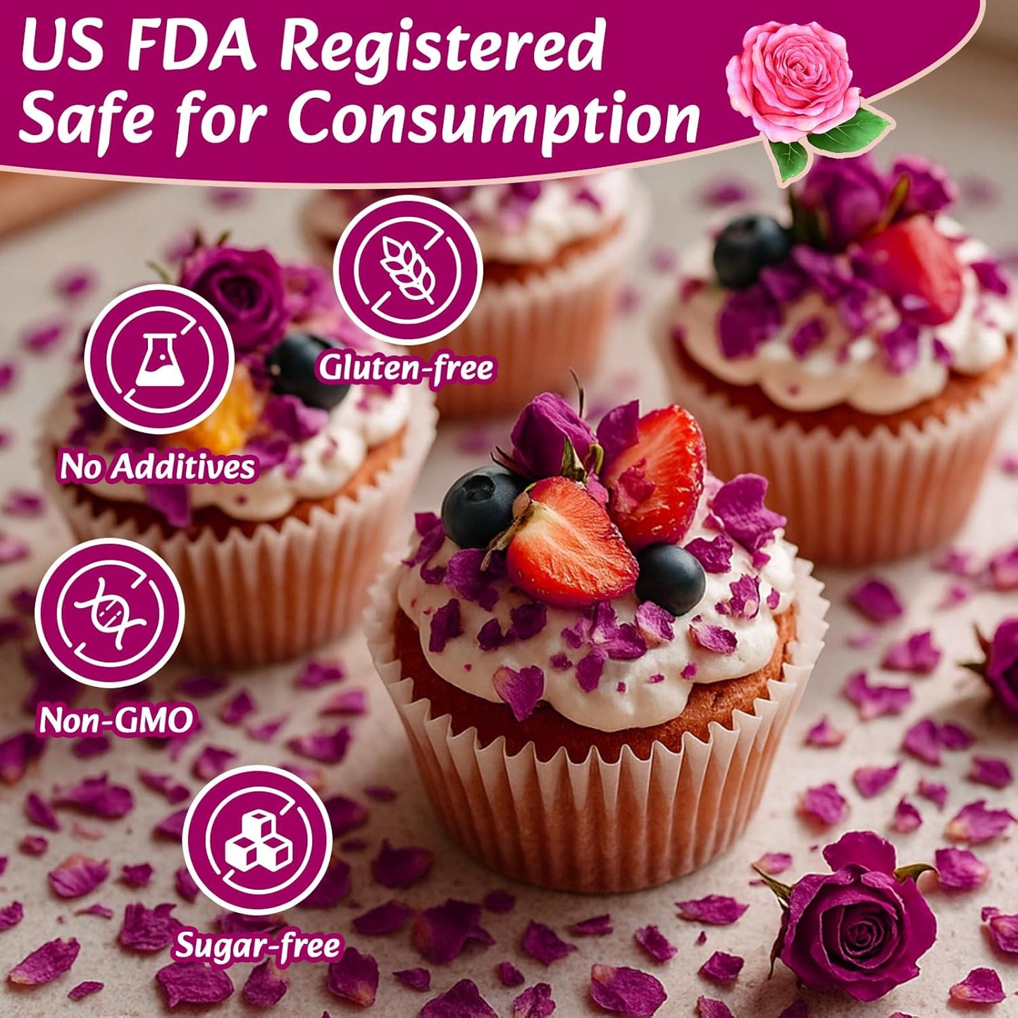 Fangkic Dried Rose Petals-1oz(28g) Dried Edible Flower Cake Decoration, Edible Rose Petal for Cocktails Drinks Baking Tea Soap & Candle Making, Gluten-Free, No Additives