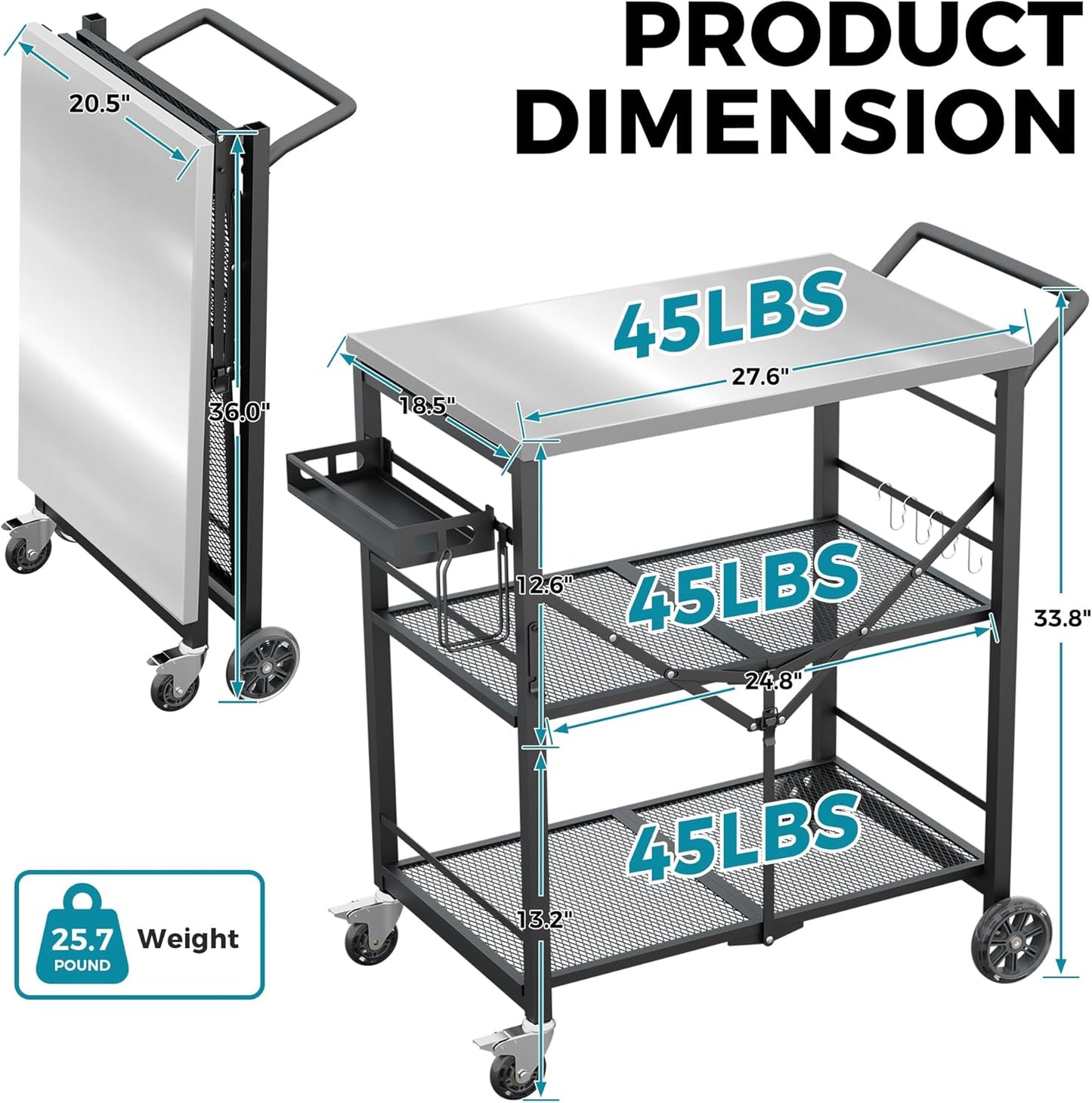 Ciokea Folding Outdoor Grill Cart with Wheels, 3-Shelf Grill Table with 27x18 in Stainless Steel Top, Rolling Pizza Oven Stand, Metal Portable Cart for BBQ Patio Camping (Black)