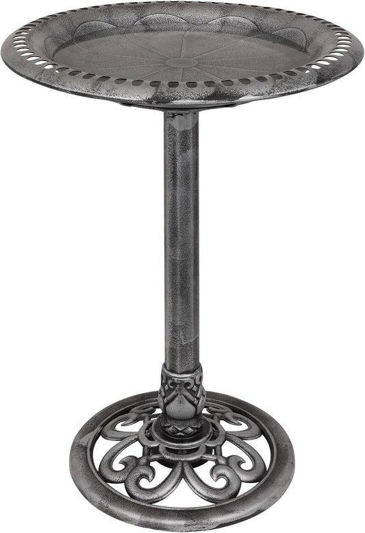 Alpine Corporation TEC116GR Outdoor Pedestal Birdbath w/Scrollwork Base and Stakes, Elegant Birdbath for Garden, 28" H, Gray