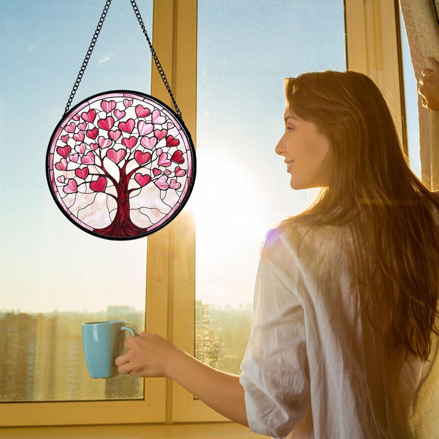 Stained Glass Window Hanging, Pink Love Heart Tree Suncatcher Hangings Beige Sun Catchers Decor for Birthday Holiday for Women, Men, Wife, Aunt, Mom 9.8IN