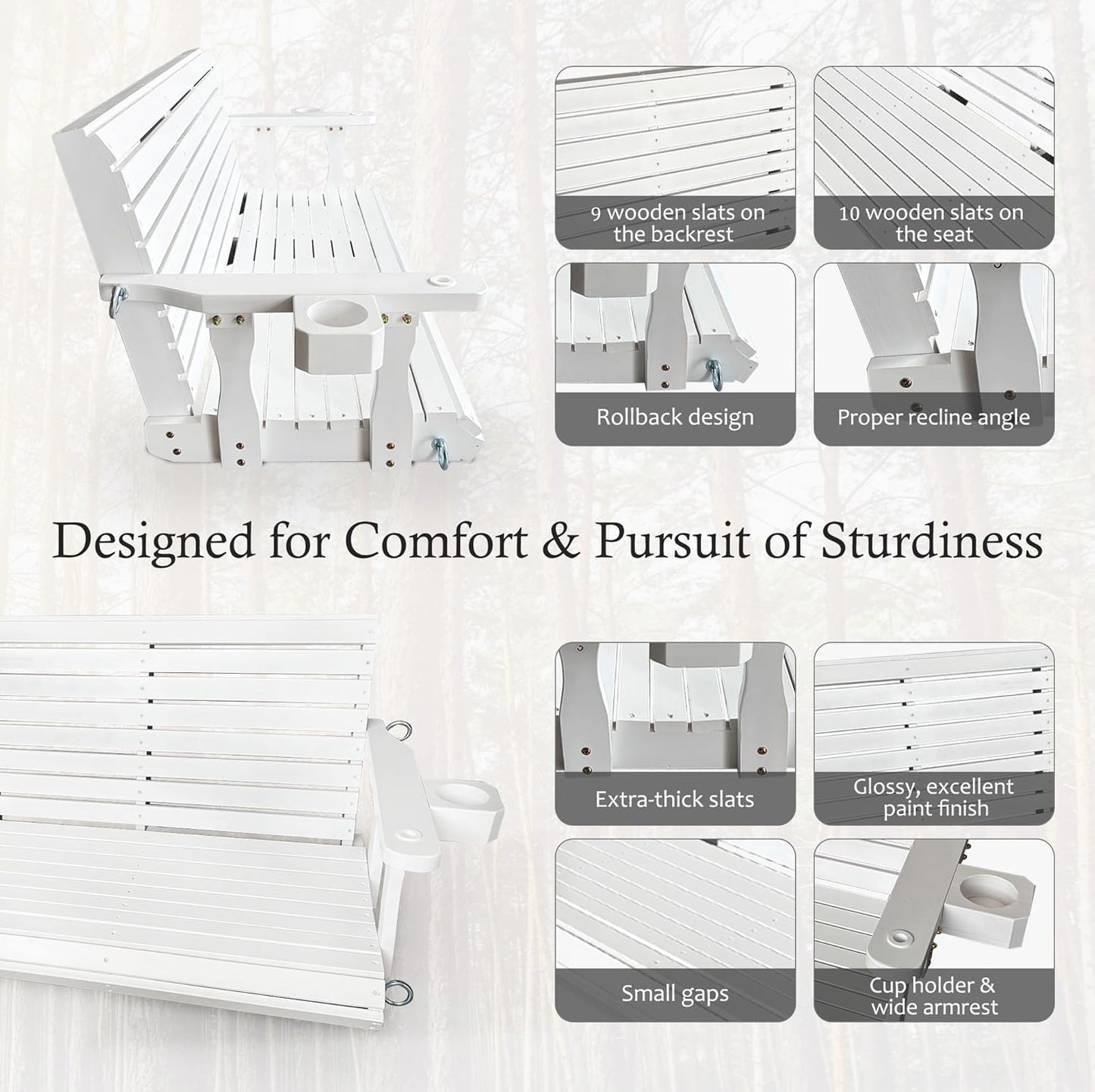 Wooden Porch Swing 3-Seater, High Backrest and Deep Seat, Bench Swing with Cupholders, Hanging Chains and 7mm Springs, Heavy Duty 880 LBS, for Outdoor Patio Garden (Pure White, 5 FT Extra Large)