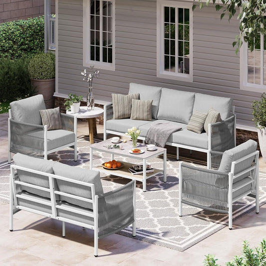 Aluminum Outdoor Patio Furniture Set, HDPE Rope 5 Piece Modern Sectional Conversation Sets with Dual-Layer Coffee Table, All Weather Patio Couch Sofa with Thick Cushions, White Frame, White