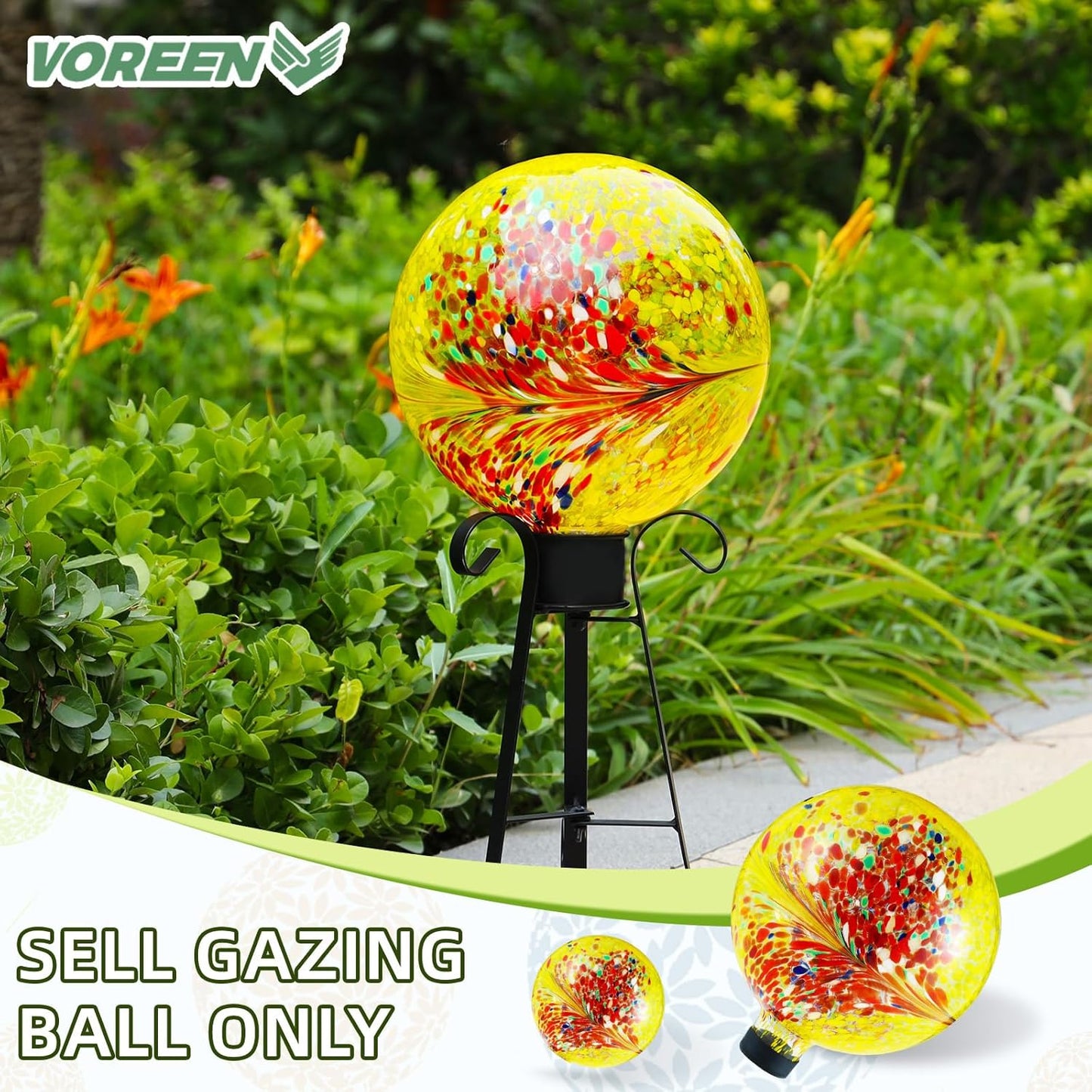 VOREEN 10-Inch Glass Gazing Ball, Outdoor Gazing Globe, Handmade Reflective Ball Yard Decoration for Homes, Patio, Lawn and Gardens, Gift for Mom Wife Friend, Phoenix Tail Design, Yellow