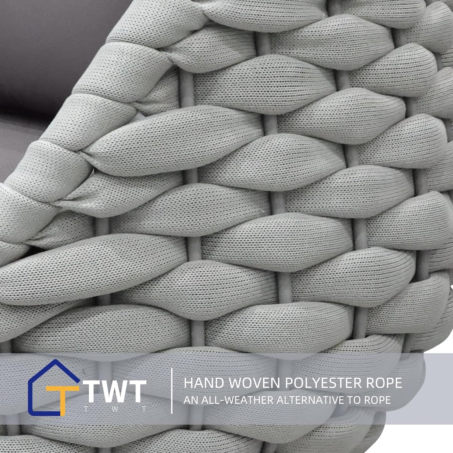 TWT 3 Pieces Aluminum Patio Furniture Set, Hand Woven Polyester Rope Modern Outdoor Furniture w/Washable Cushion and Rock Slab Tabletop, Conversation Sofa Set for Livingroom Poolside Balcony (Grey)