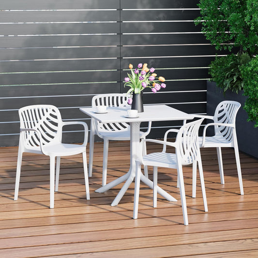 Breakfast Table Set for 4, HDPE Patio Square Dining Table and Stackable Chairs, Outdoor Small Patio Furniture Set All Weather for Backyard Porch Poolside, White