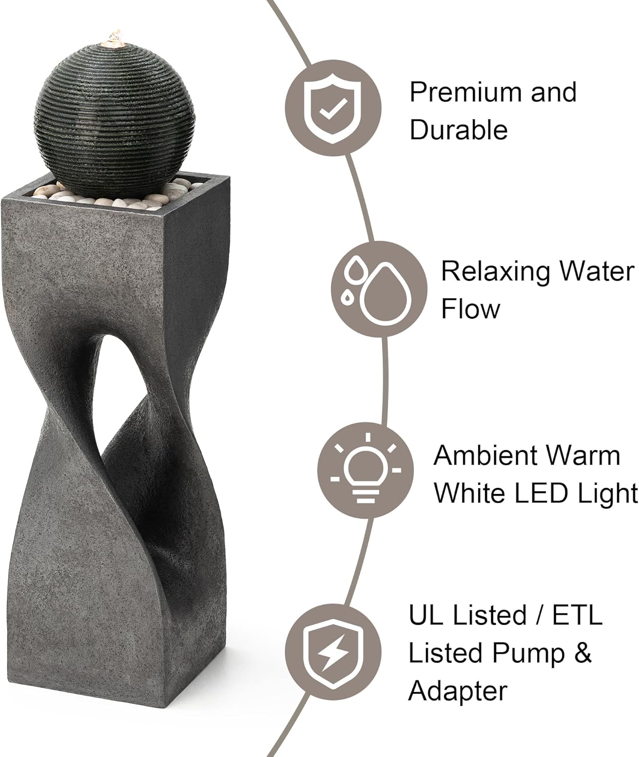 Glitzhome Modern Geometric Outdoor Water Fountain with LED Light, Oversized Pedestal Water Fountains with Submersible Pump, Sphere Floor Standing Fountain with Pebbles for Garden Patio Decor, 40.5”H