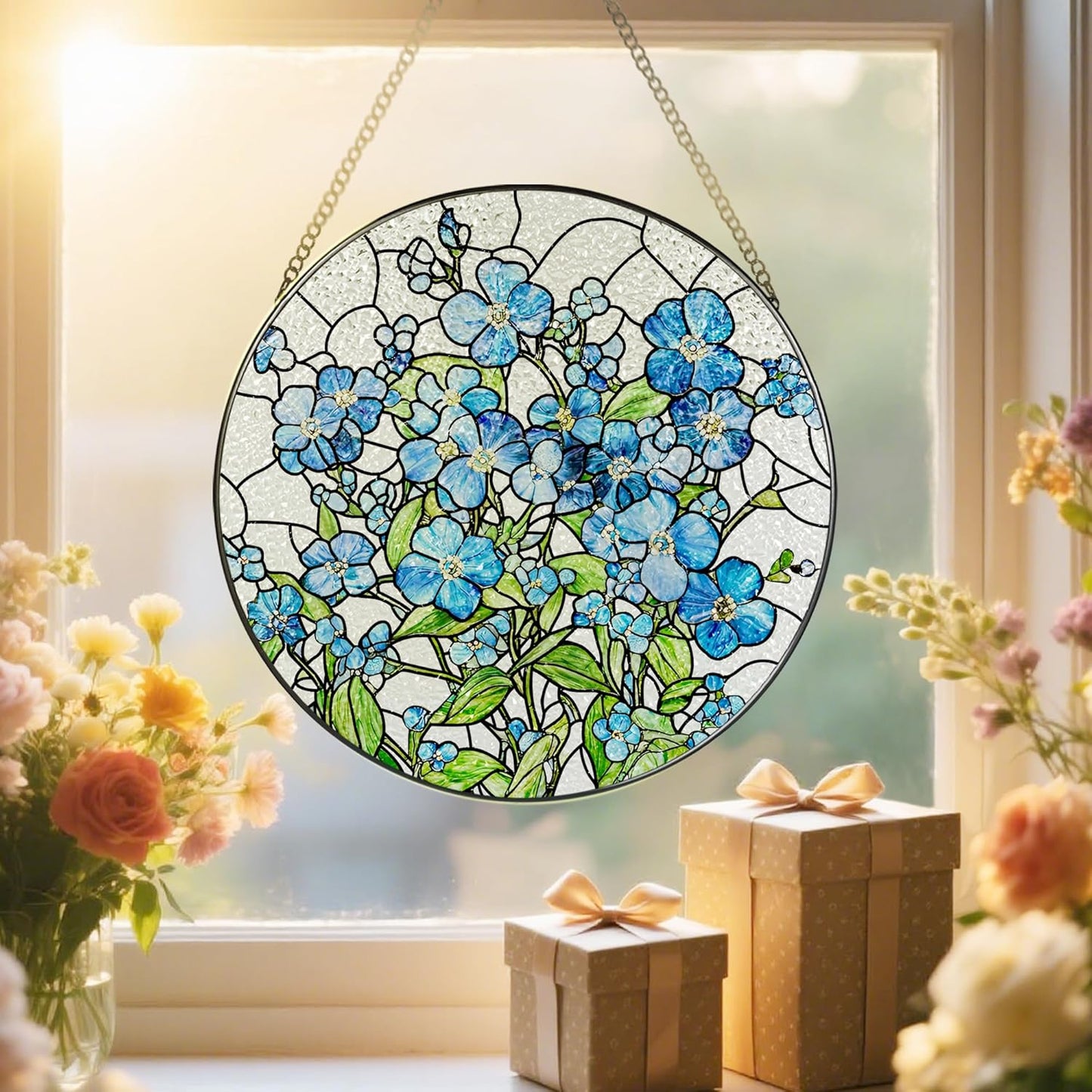Stained Glass Window Hanging, 8 Inch Forget Me Not Stained Glass Suncatcher, Window Hanging Decor, Flower Sun Catchers, Gifts for Flower Lover, Birthday Gifts for Lover, Friend, Family, Teacher