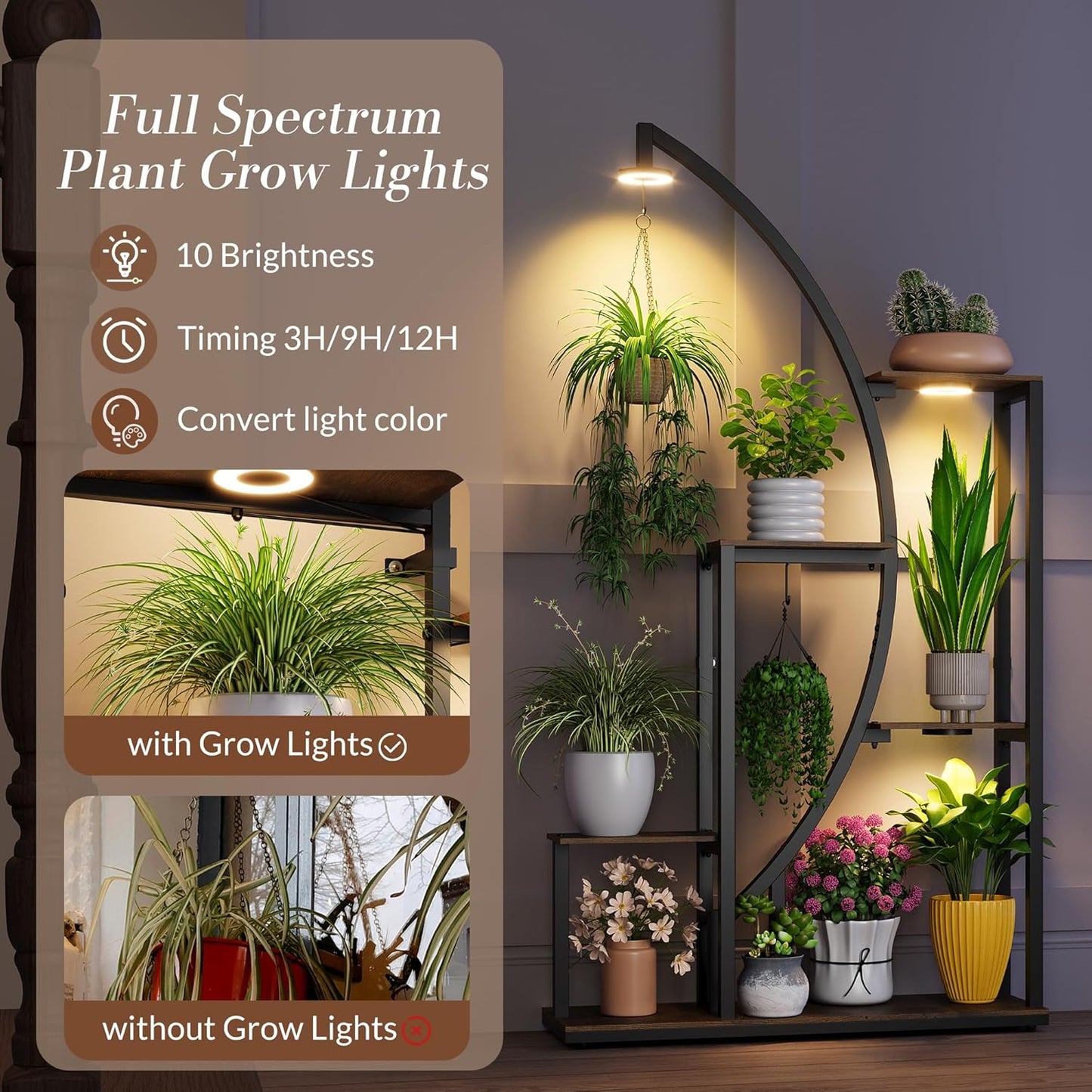 61” Tall Metal Plant Stand with Grow Lights, Tiered Indoor Shelf for Multiple Plants, Large Corner Display Rack with Adjustable Lamps, Hanging Hooks & Wooden Shelves for Living Room, Patio Balcony