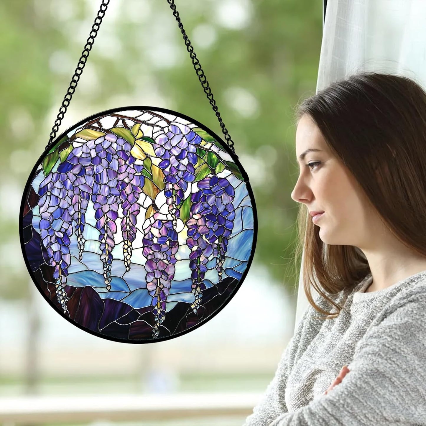 Stained Glass Window Hanging, Purple Wisteria Flowers Suncatcher for Doors Window Home Plant Sun Catchers Decoration Mother's Day Birthday Gifts for Women, Men, and Mom 15x15 in