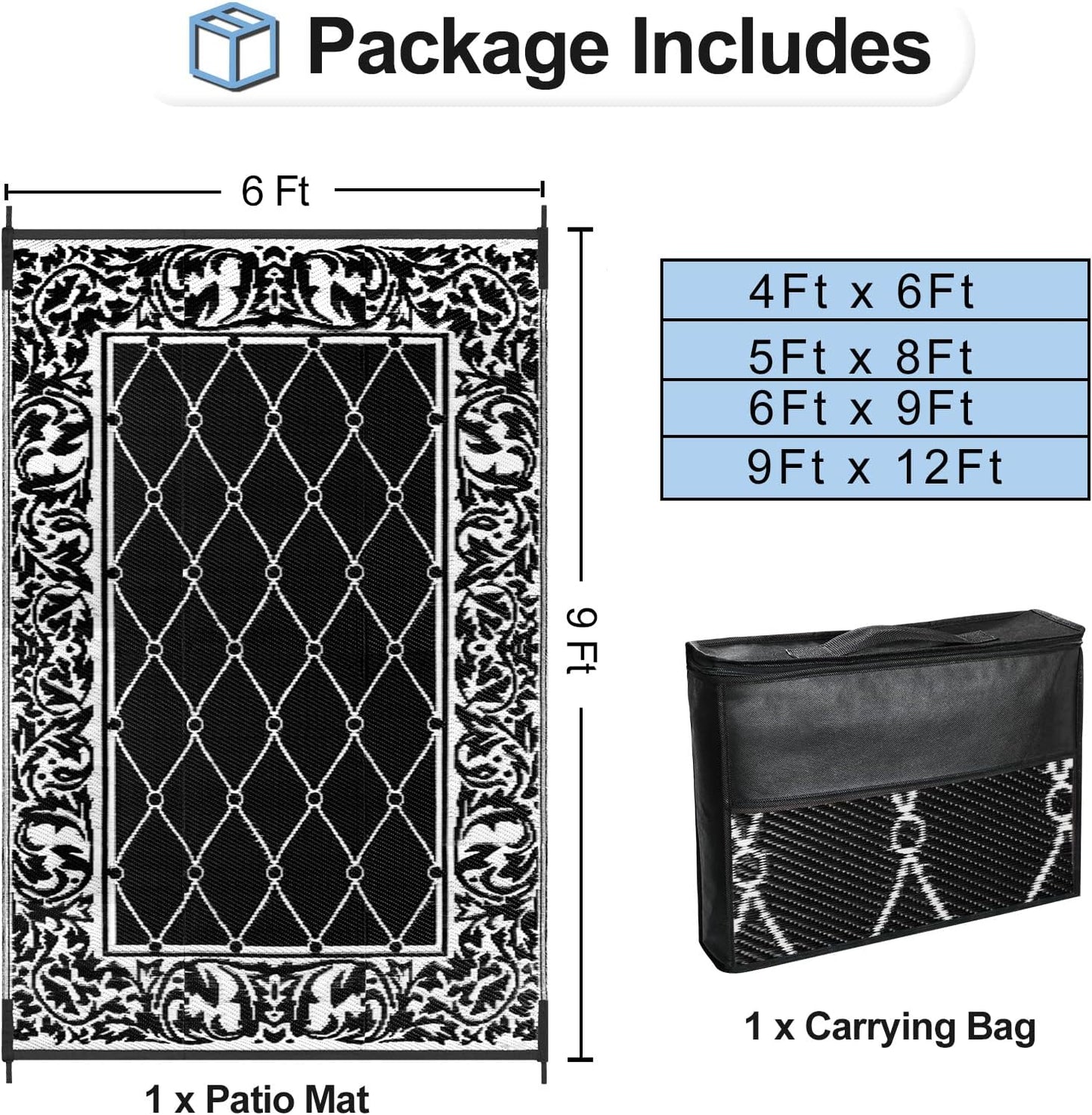 OutdoorLines Indoor Outdoor Rugs for Patio 6x9 ft - Reversible Outside Carpet, Stain & UV Resistant Portable RV Mats, Plastic Straw Rug for Camping, Pool Deck, Porch Rhombus Black & White