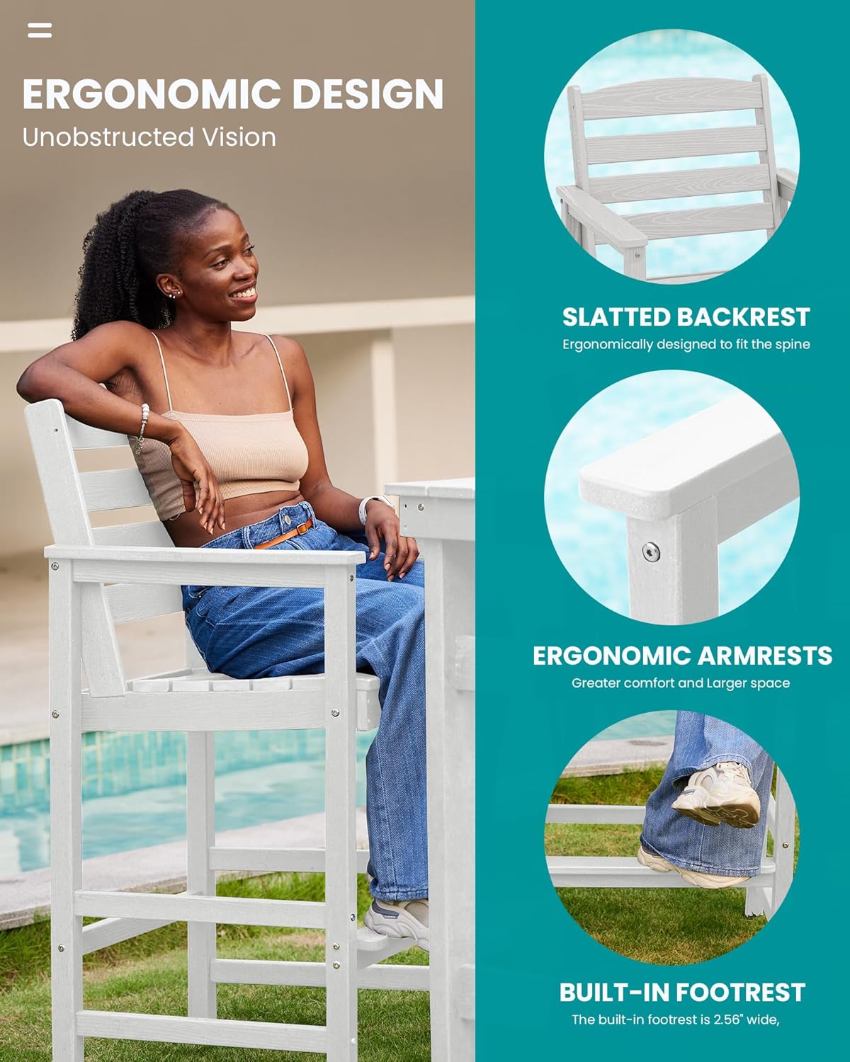 SERWALL Tall Adirondack Chairs Set of 2, Oversize Balcony Adirondack Chairs Set, Outdoor Bar Height Barstools Widened Chair Set for Bistro, Poolside, Garden, White