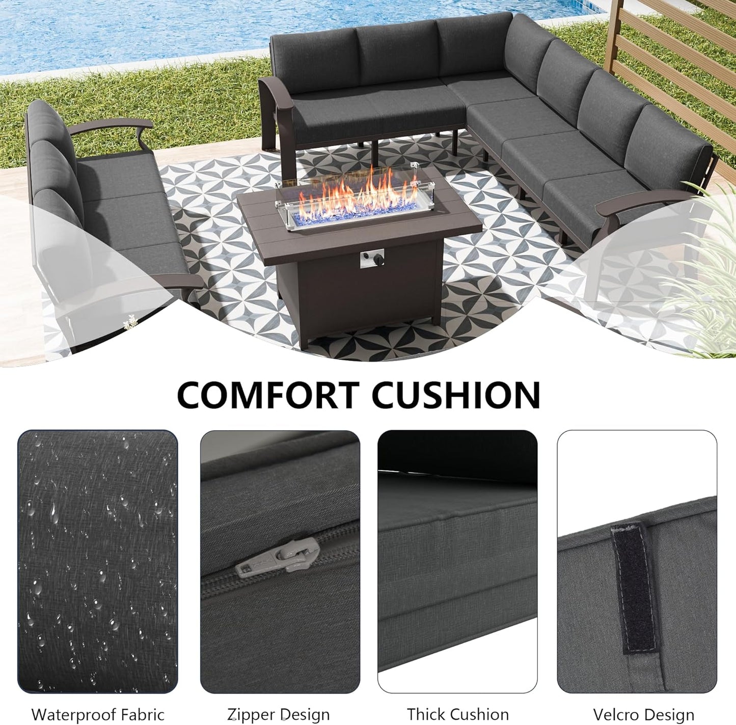 Aluminum Patio Furniture Set with Fire Pit Table, 8 Seats Outdoor Patio Conversation Set Modern Metal Patio Sectional Sofa w/5.1" Upgrade Cushions for Porch, Patio, Backyard(Grey).