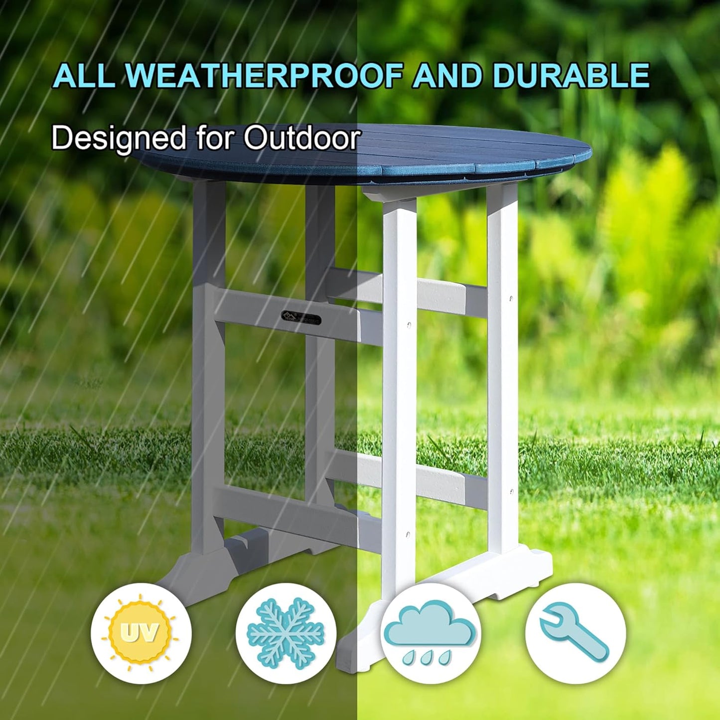 Tall Adirondack Chairs Patio Bar Tables Set of 3, Weather Resistant HDPE 35" Round Outdoor Bar Adirondack Barstools Plastic Height Table Pub, for Garden, Backyard, Yard, Pool, Fire, Pit (Blue)