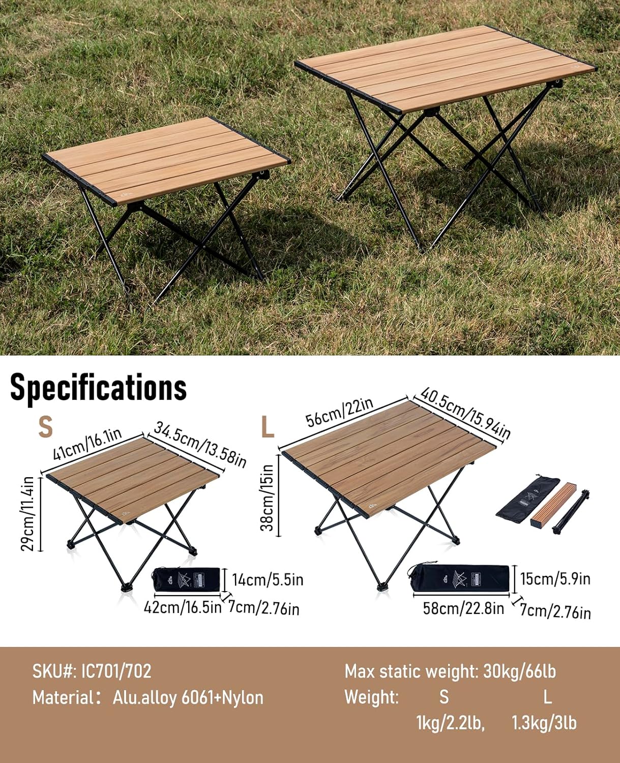 iClimb Ultralight Compact Camping Folding Table with Carry Bag (Nature - L)