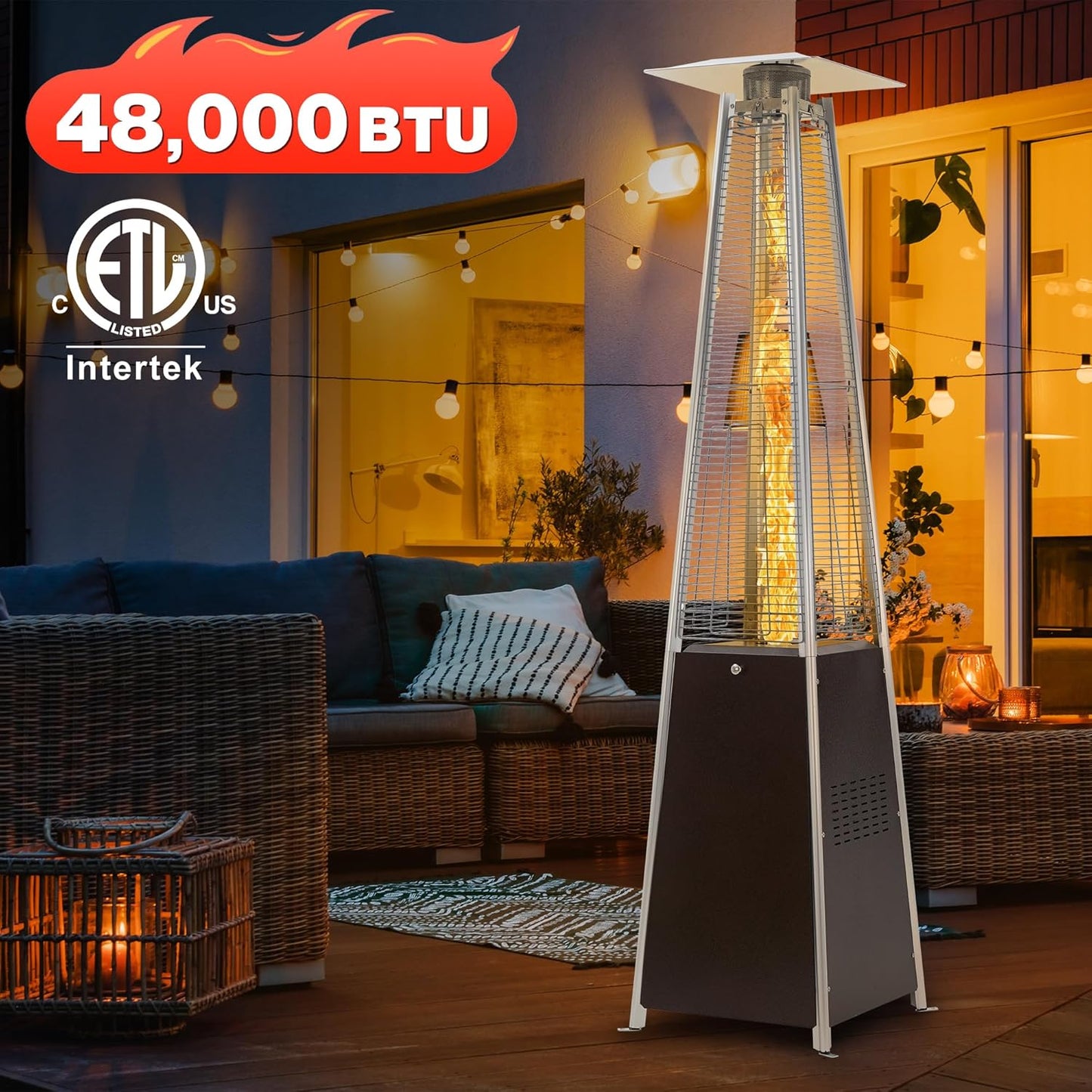 FOOWIN Patio Heater,48,000 BTU Outdoor Patio Heater with Wheels,Propane Patio Heater w/Waterproof Cover & Gloves,Quartz Glass Tube Pyramid Patio Heater for Outdoor Use,Party,Backyard,Garden,Bronze