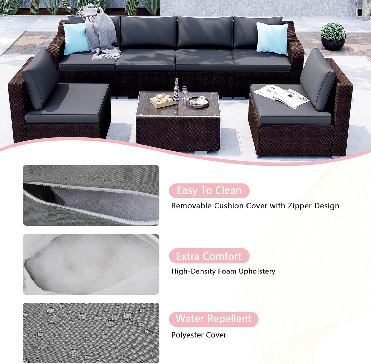 7-Piece Patio Furniture Set - Outdoor Sectional Sofa Set with Cushions and Glass-Top Coffee Table for Gardens, Poolside, Backyards and Porches, Wine/Grey