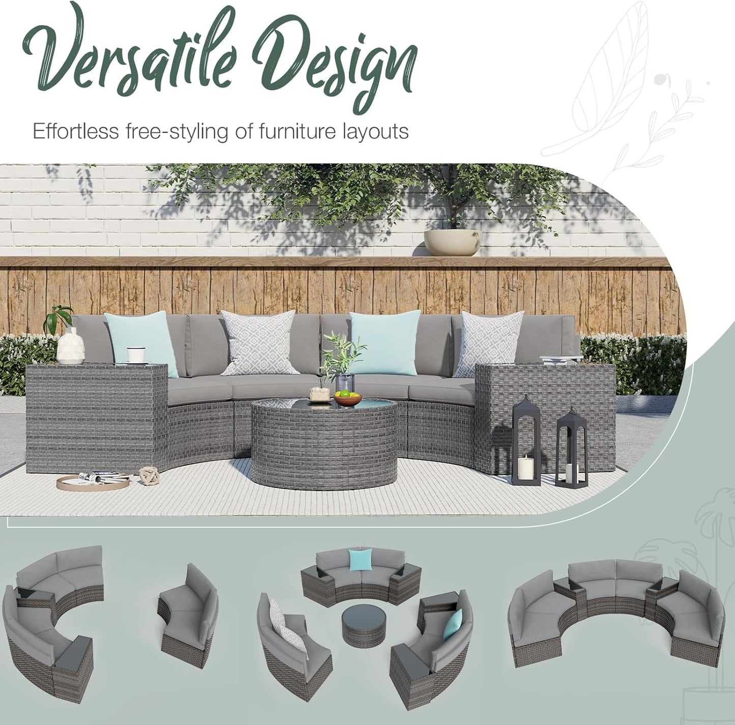 SUNSITT Outdoor Patio 8-Piece Half Moon Curved Furniture Sofa Set Grey Wicker Sectional Sofa Grey Cushions with 2 Side Table