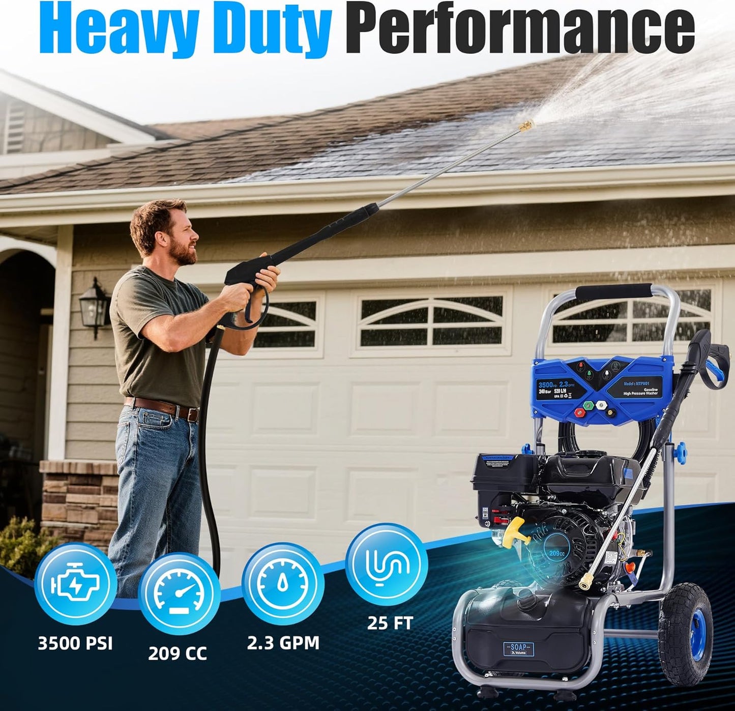 3500 PSI Gas Pressure Washer, 209CC Engine, 2.3 GPM, 4 Adjustable Nozzles, 25ft Hose for Cleaning Cars, Patios, Walls, and Gardens (Blue)