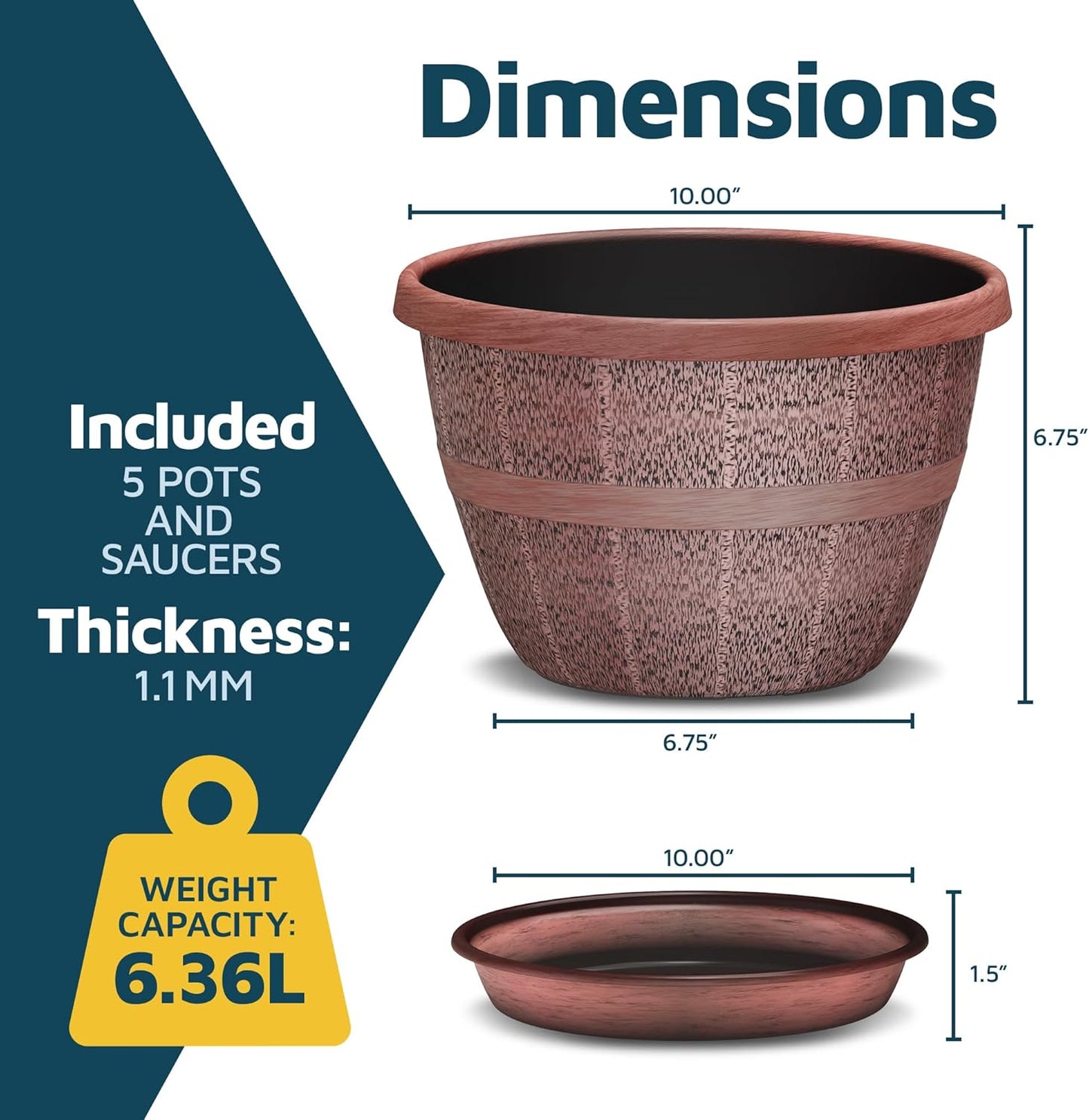 10-Inch Whiskey Barrel Planters Outdoor Pack of 5 - Durable Plastic Plant Pots for Indoor & Outdoor Use with Drainage & Saucer, Lightweight Rustic Barrel Planters for Flowers, Herbs & Small Plants