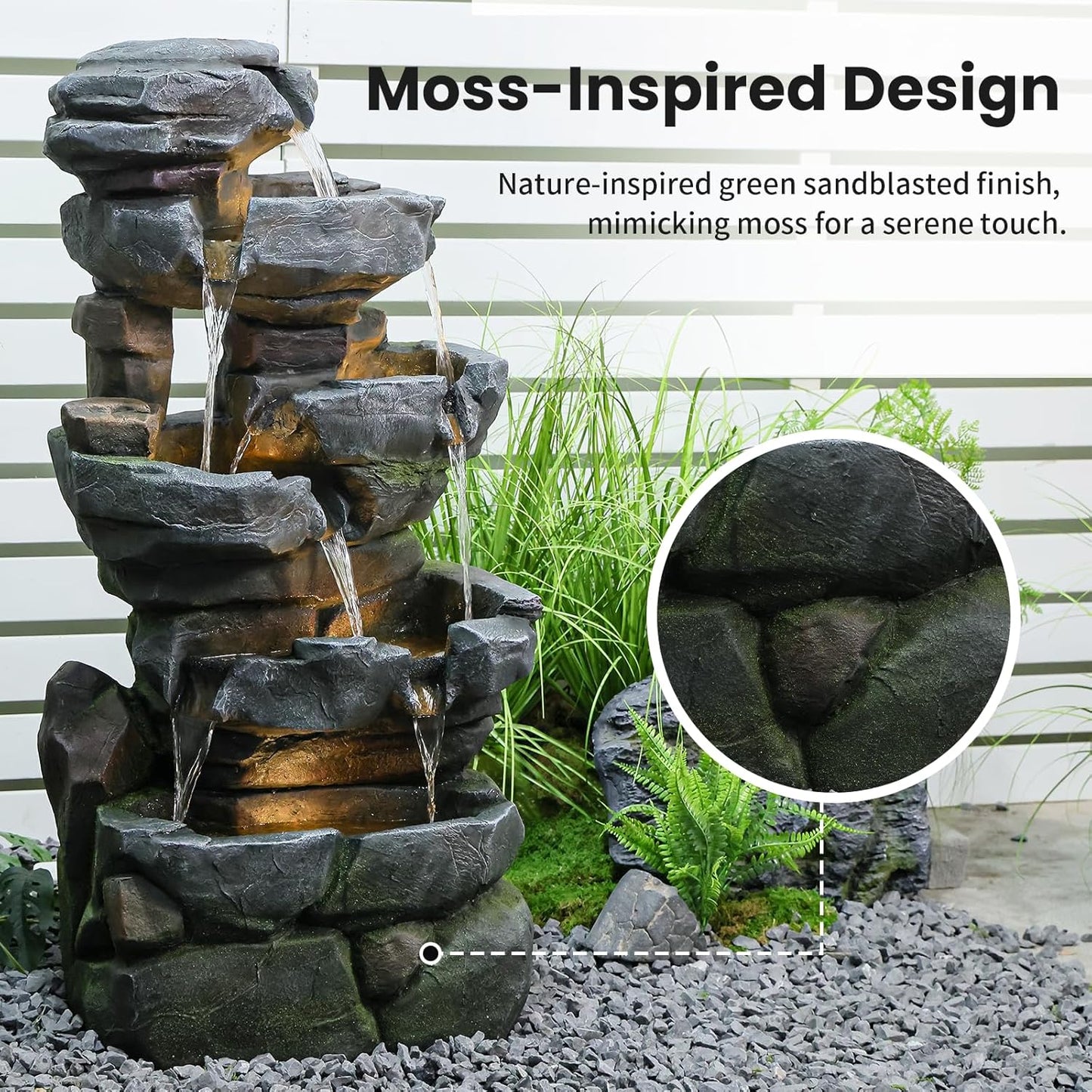 6-Tier Cascading Rock Water Fountain Outdoor Resin Stone Imitation Waterfall with LED Lights, Indoor/Outdoor Decor for Garden, Patio, Backyard, Porch and Home Art Decor