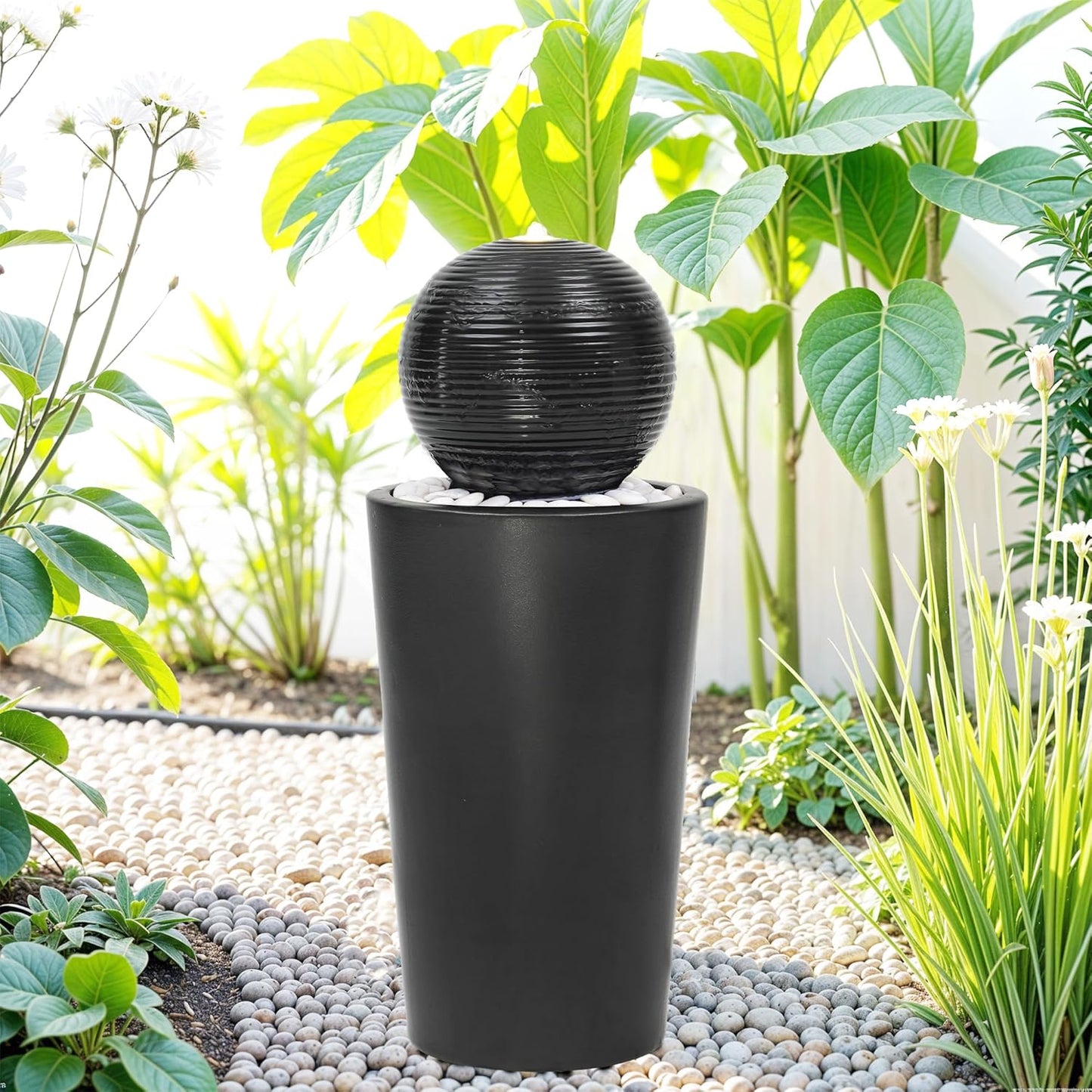 Autodaya 30" H Ceramic Sphere Water Fountain with LED Light, Modern Minimalist Design, Black Glaze with White Pebbles, Soothing Trickling Water Feature, Adding Artistic Charm & Tranquil Ambiance