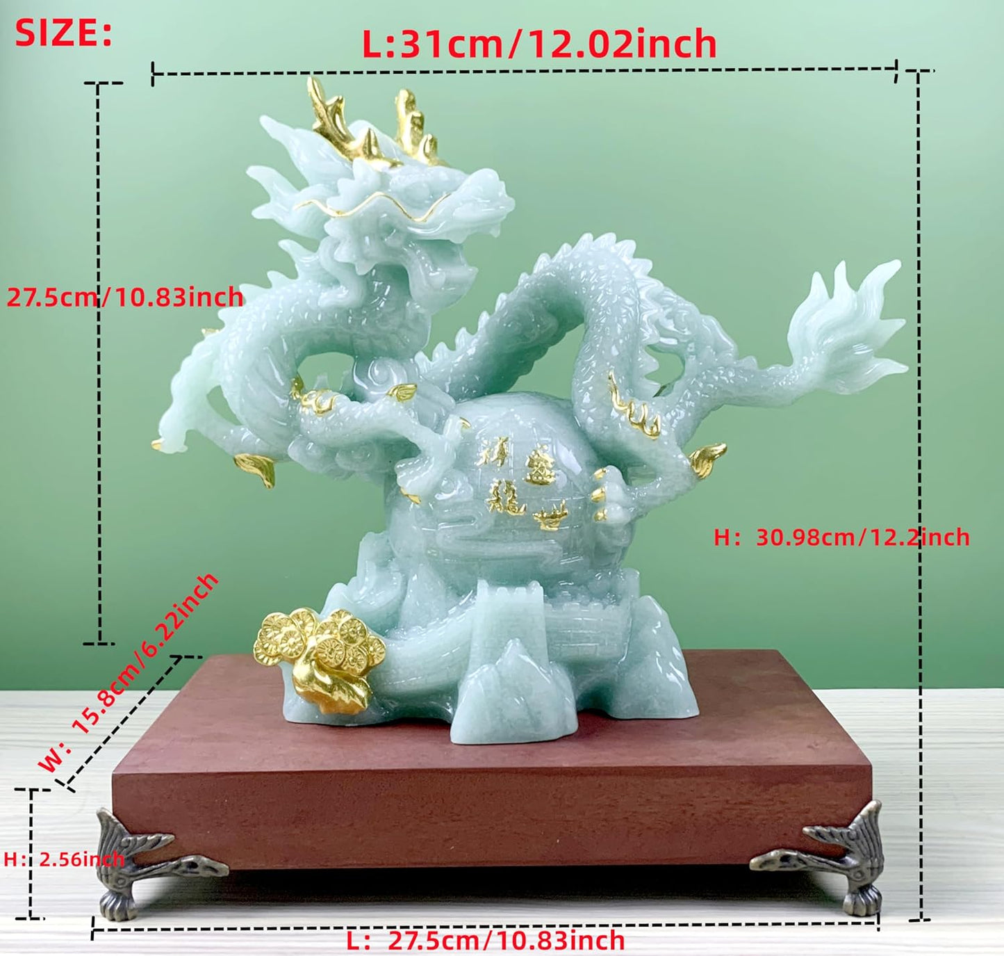 12.2 INCH Chinese Feng Shui Dragon Lucky Jade Color Figurine Statue for Luck & Success,Home Office Bookshelf Desk Decor,Green