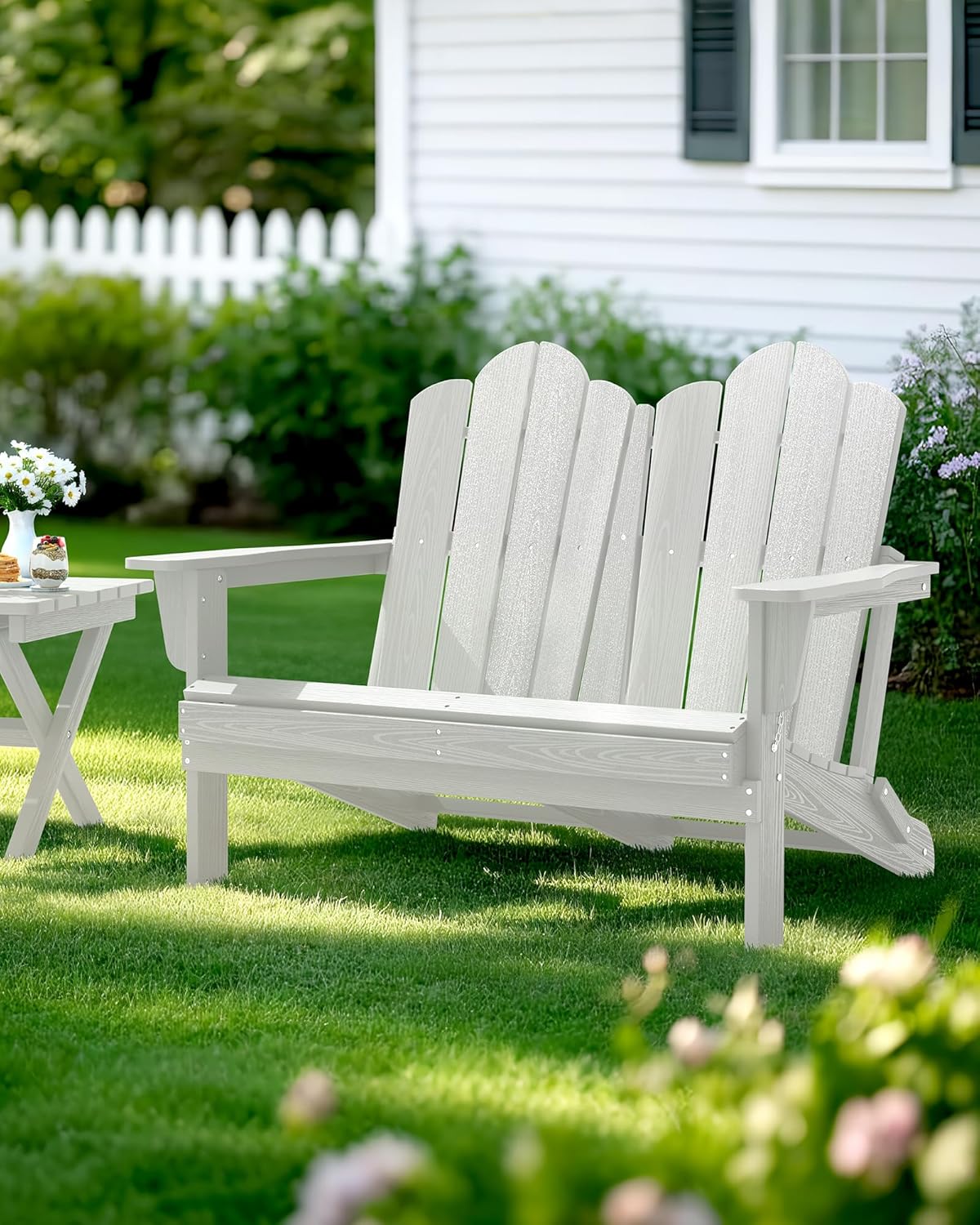 SERWALL Folding Adirondack Bench, HDPE All-Weather Adirondack Loveseat, 660 lbs Capacity, Foldable Outdoor Patio Bench for Deck, Lawn, Garden, White