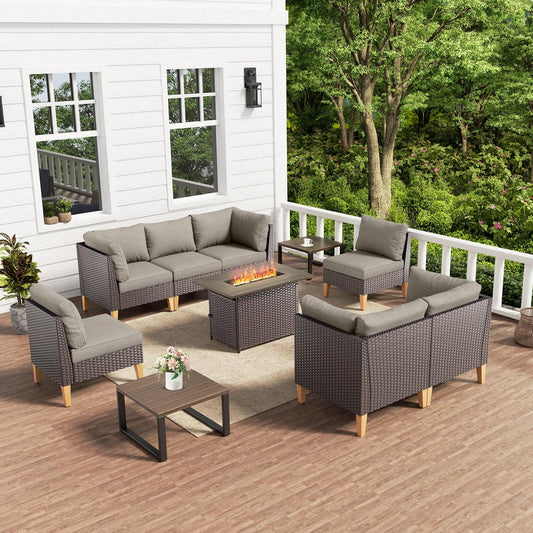 HUMMUH 10 Pieces Patio Furniture Set with Fire Pit,Outdoor Modular Sectional Couch Loveseat Chairs with Table,All Weather PE Wicker Patio Conversation Sets for Deck Porch Backyard