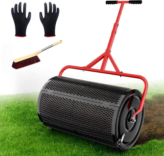 Compost Peat Moss Spreader for Lawn, 24 Inch Compost Roller Spreader with Adjustable T-Shaped Handle, Upgraded Side Clasps, Durable Lightweight Metal Roller, Lawn Garden Yard Care (Black)