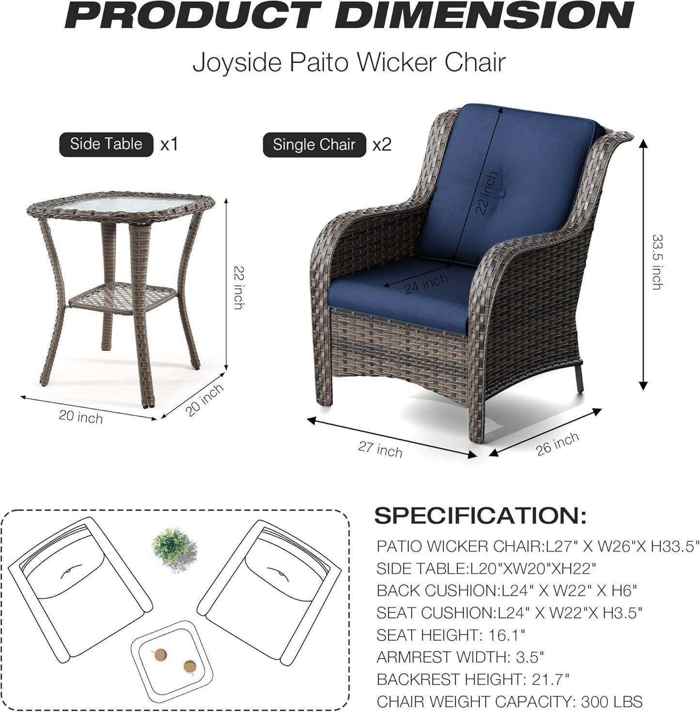 Joyside Patio Bistro Set Wicker Chairs - 3 Piece Outdoor Rattan Conversation Set with 2 Armrest Chair and 1 Side Table for Proch Deck Garden Backyard Balcony(Mixed Grey/Blue)
