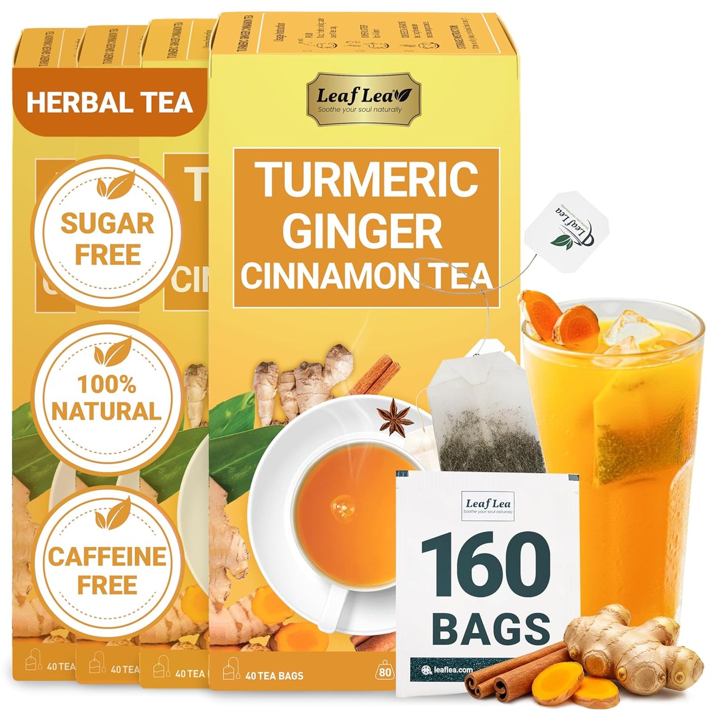 LeafLea 160 Ginger Turmeric Tea Bags, 100% Natural & Pure Herbal Tea Blend of Turmeric Ginger Tea with Cinnamon, Turmeric Tea Supports Digestion & Immunity, Caffeine-Free, No Sugar, Non-GMO