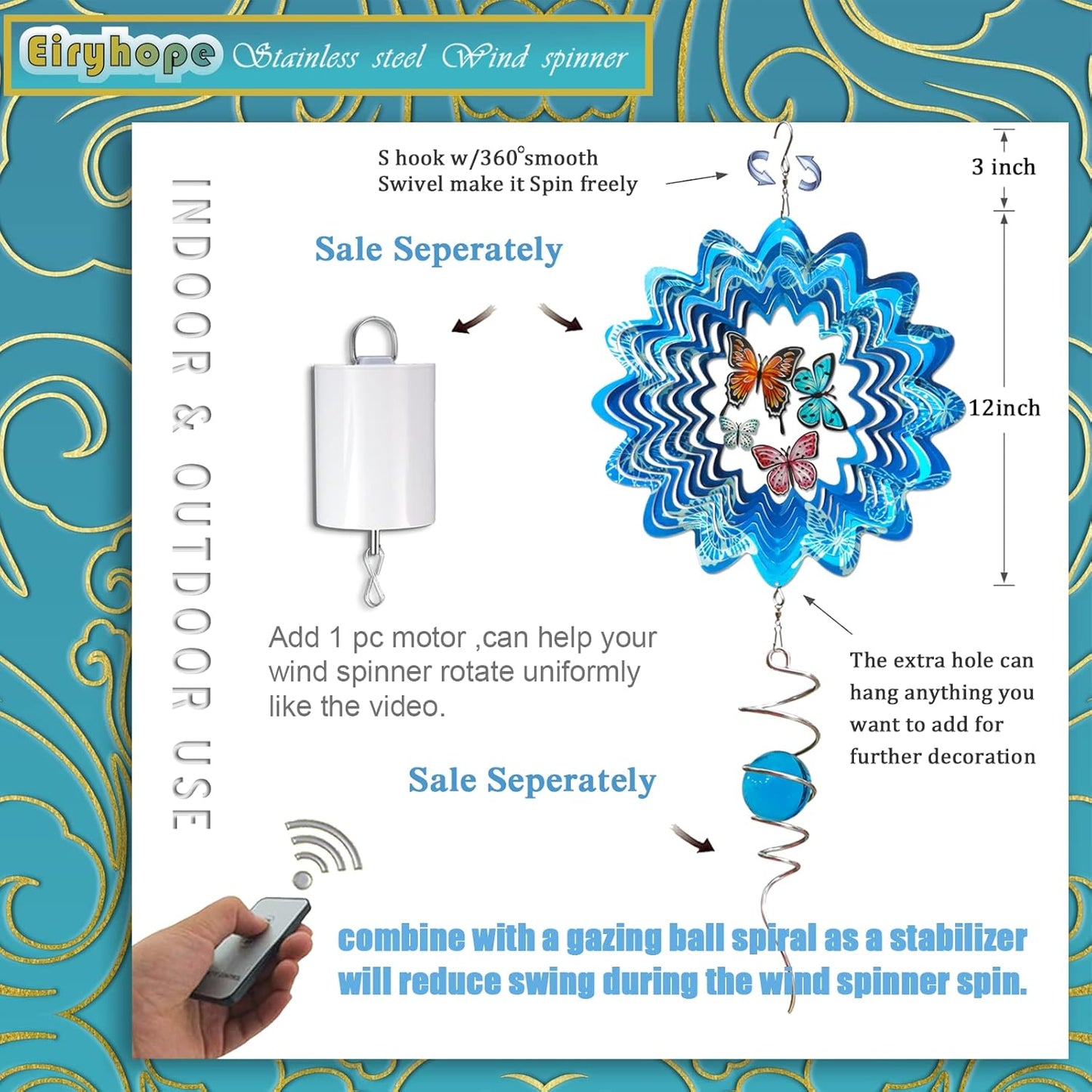 Butterfly Wind Spinner - 12inch Laser-Cut Stainless Steel Wind Spinners | 3D Kinetic Garden Decoration & Yard Art for Outdoor | Butterfly Gifts for Women, Mother, Wife, Grandma & Holidays