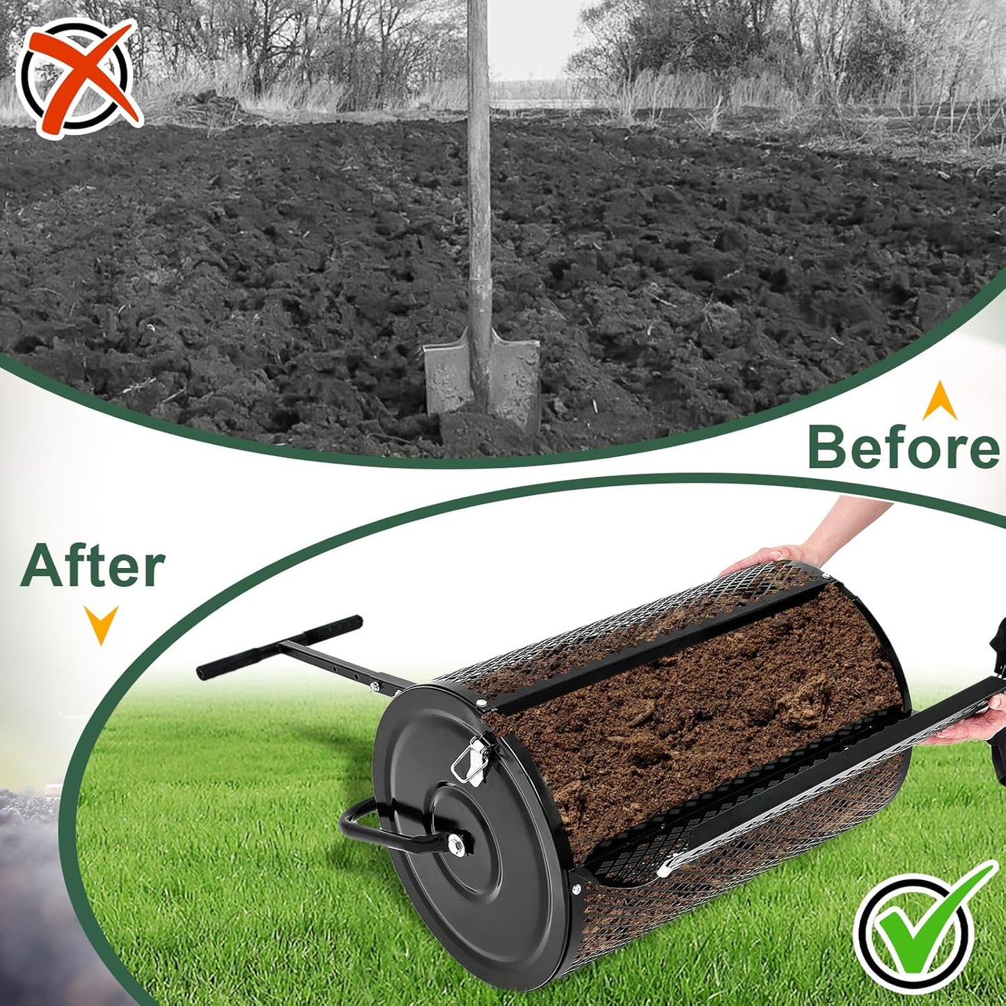 Hiboom 36 Inch Compost Spreader, Peat Moss Spreader, Manure Roller with Adjustable T Shaped Handle, Lightweight Metal Mesh for Lawn Garden Spreading Manure Topsoil (Black)